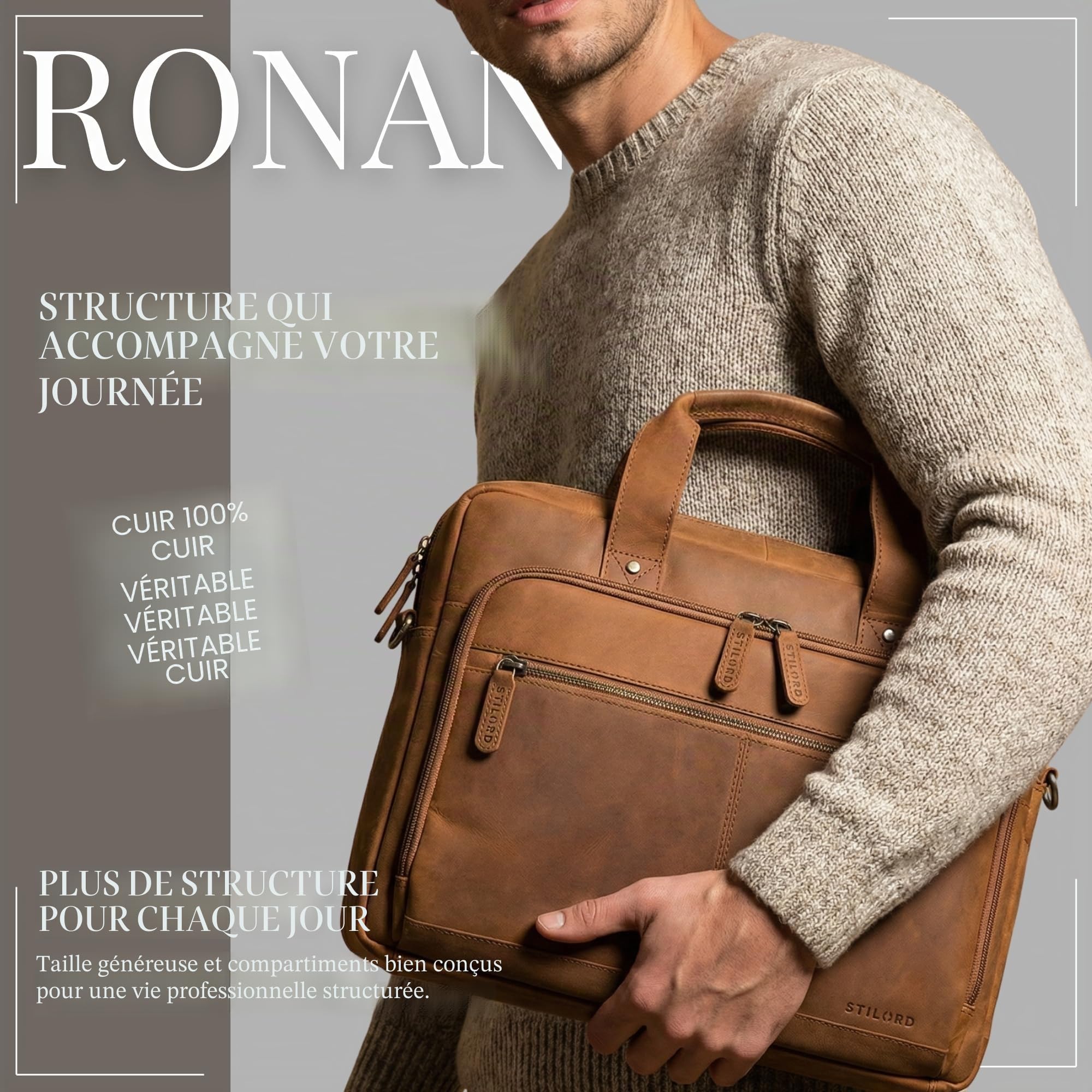STILORD "Ronan Serviette Cuir Homme Grande Sacoche Ordinateur 16 Pouces Travail Besace Business - Cartable Enseignant A4 Porte Document avec Bandoulière Amovible Couleur:noir