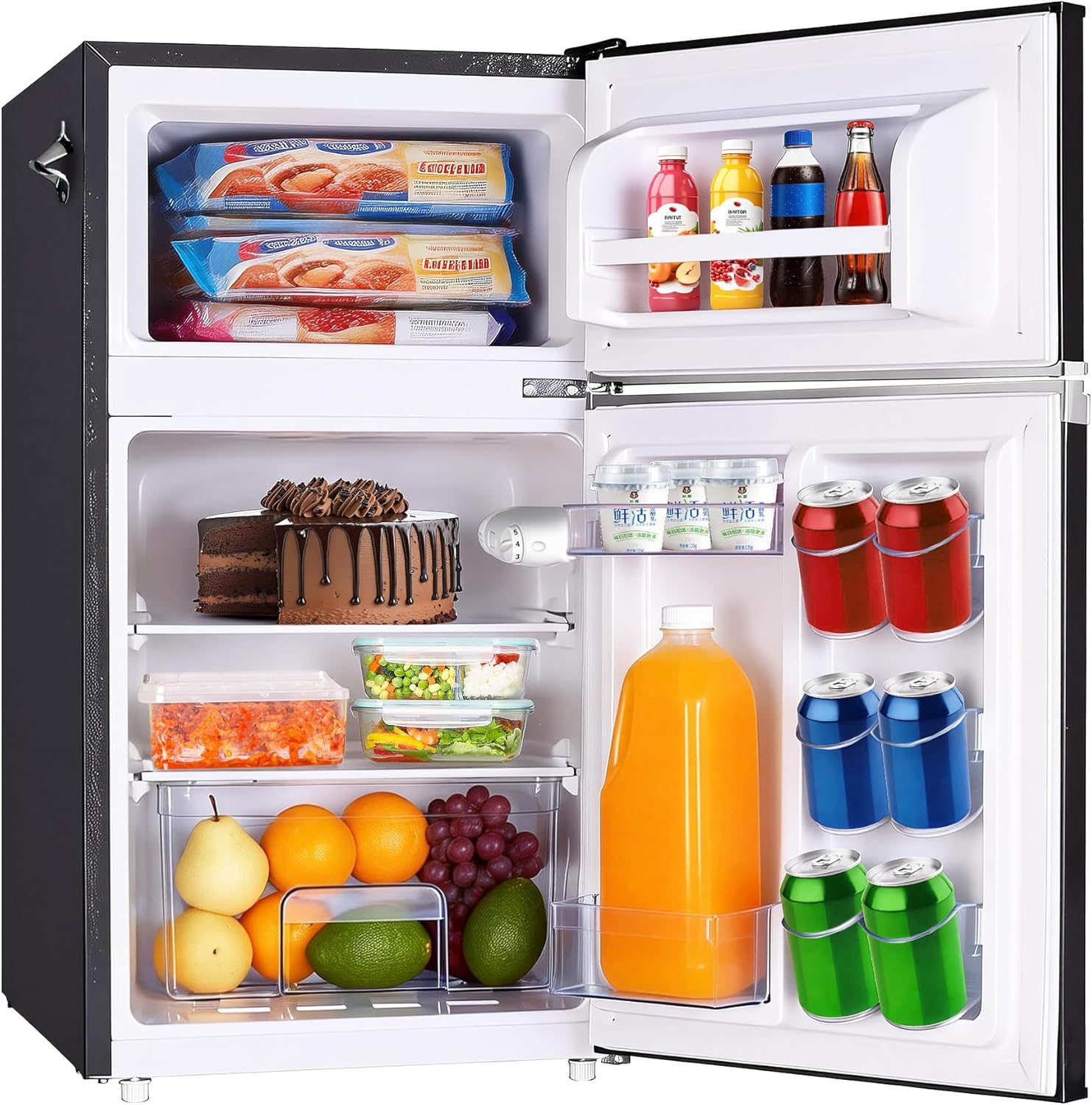 Iceblue Mini Fridge with Freezer, 3.1 Cu.Ft. Dual Door Small Refrigerator with Freezer, 7 Level Control Retro Mini Refrigerator, With Bottle Opner Mini Fridge for Bedroom, Office, Dorm, Gift (Black)