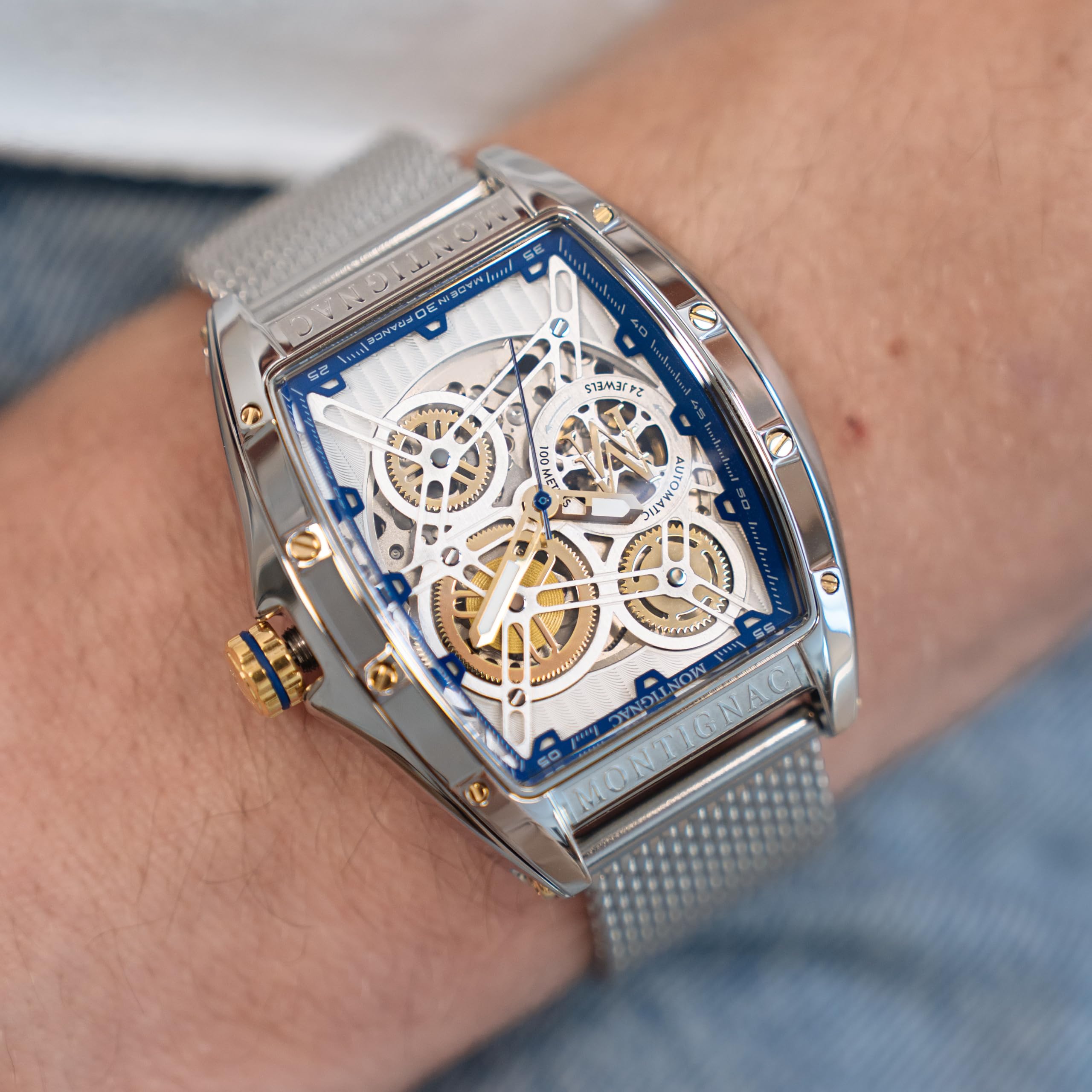 Orologio da uomo Paladin Botte Automatico – Cassa in acciaio 53,7 x 45 mm – Quadrante argentato scheletro – Bracciale maglia milanese – Movimento apparente – Impermeabile 100 m – MOW1213
