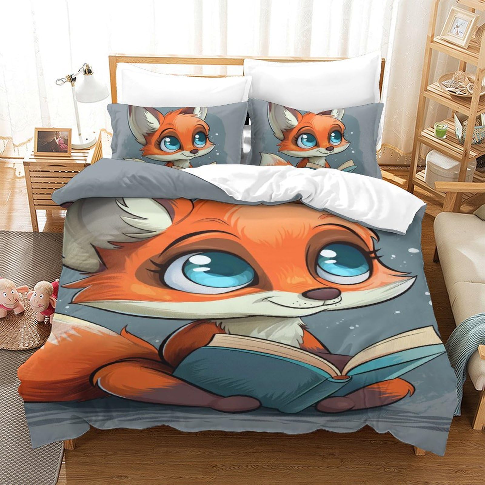 Parure de lit renard 3D 140x200 cm anti-plis et facile à laver