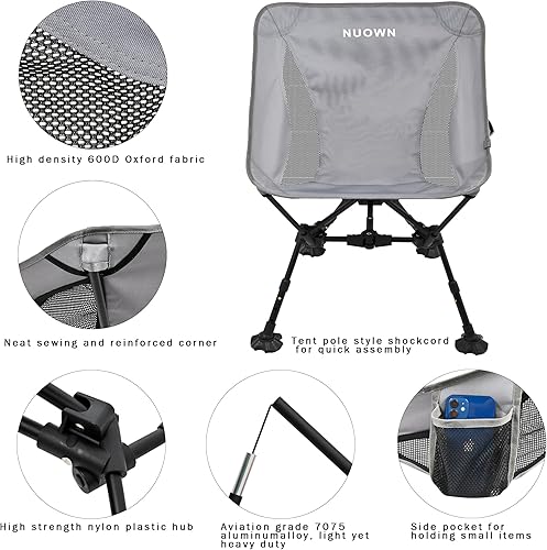 Miniatura 2 de Silla portátil para campamento, altura ajustable, silla de playa plegable, ligera, portátil, plegable, con bolsillos laterales para senderismo y