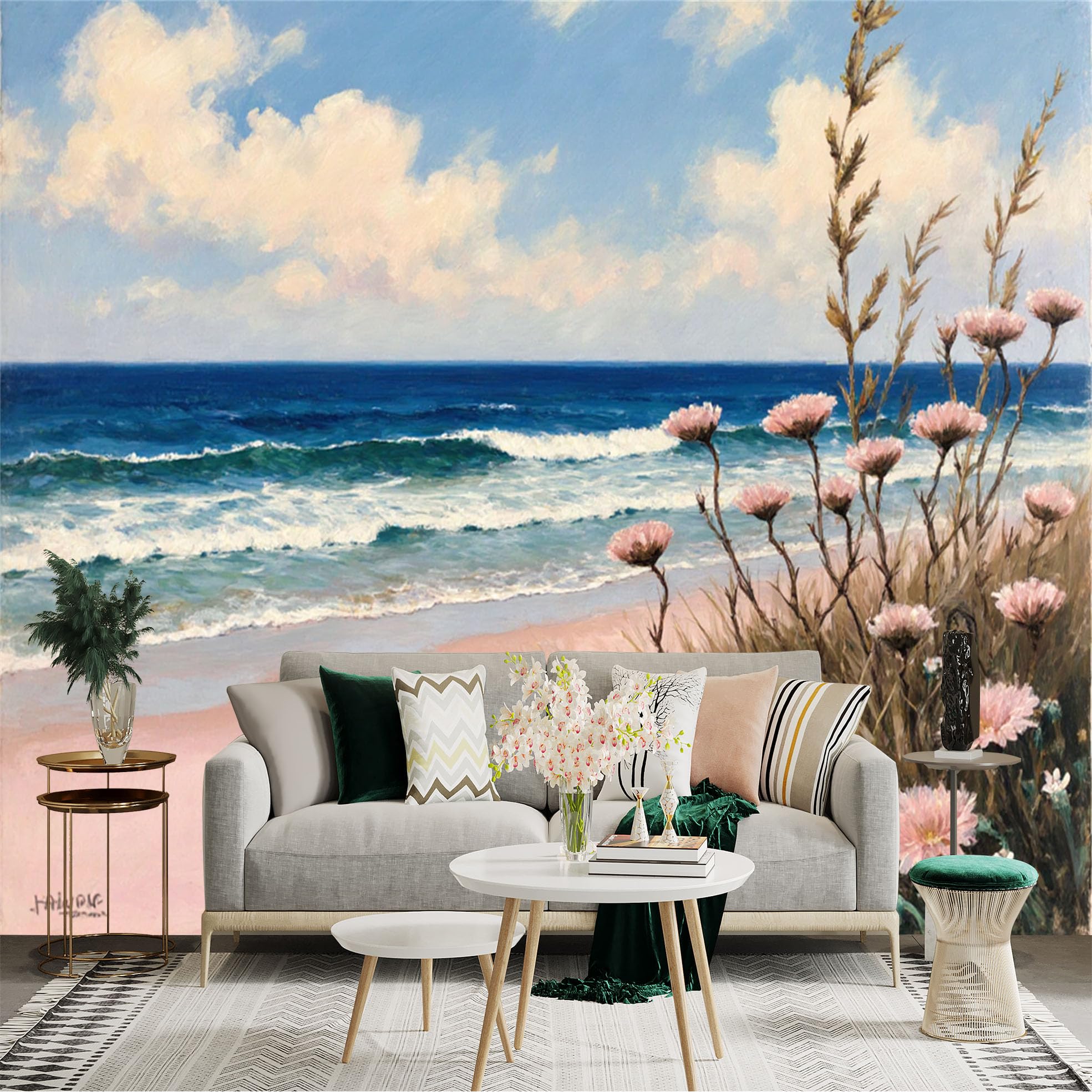 Lnzczhyre Xc260505861 Custom Size Wall Sticker Mural， Coastal Beach Landscape With Wildflowers And Blue Ocean Waves， Serene Seascape， For Wall Decoration， Peelandstick Wall Decals.