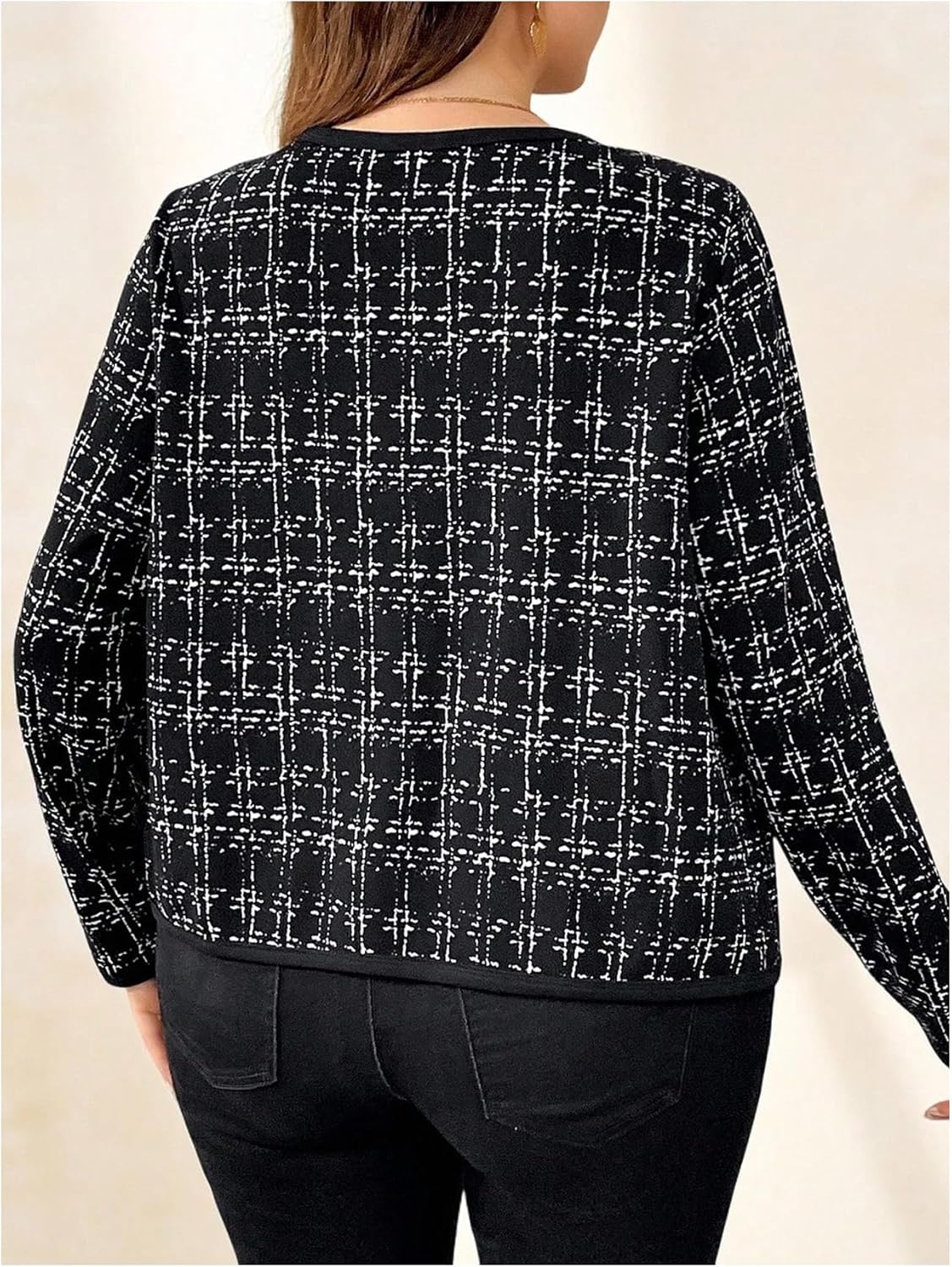 WDIRARA Women's Plus Size Houndstooth Open Front Long Sleeve Jacket Outerwear - Image 2