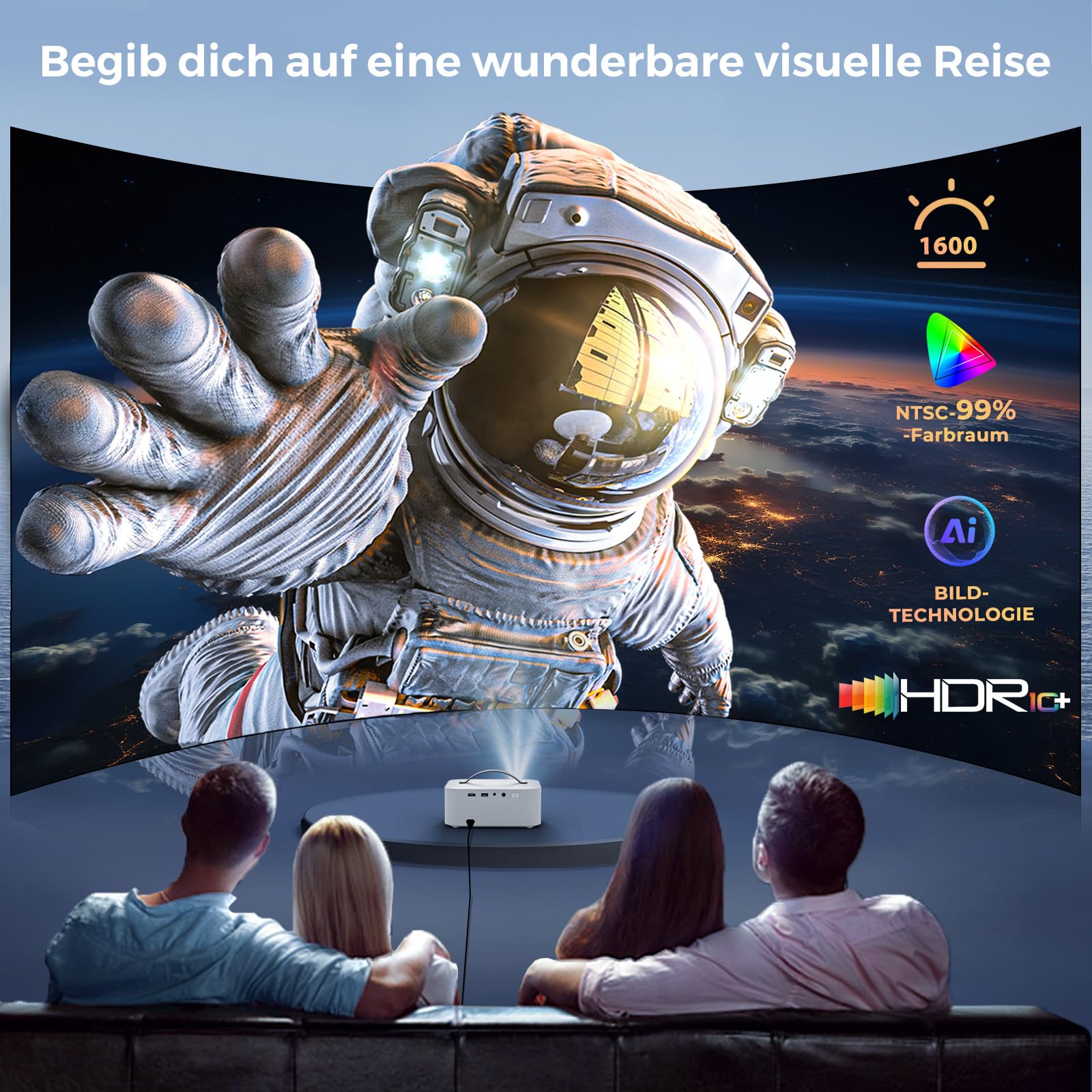 Beamer-Outdoor | Kompatibel mit Netflix Dolby Audio | 1600 ANSI Lisowod HDR10 4K Heimkino | EARC CEC | Auto Fokus & Trapezkorrektur Smart Projektor|Bluetooth 5.4 WiFi6 | Für Familienkino und WM-Party