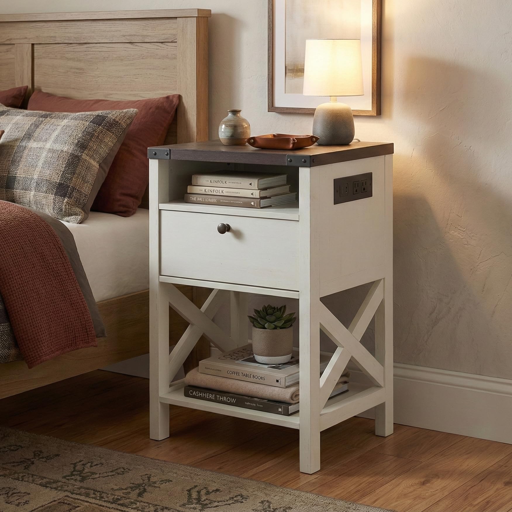 Rainbow Sophia Nightstand with Charging Station, Modern End Table with Drawer, Bedside Table with Open Storage, Vintage White/Espresso