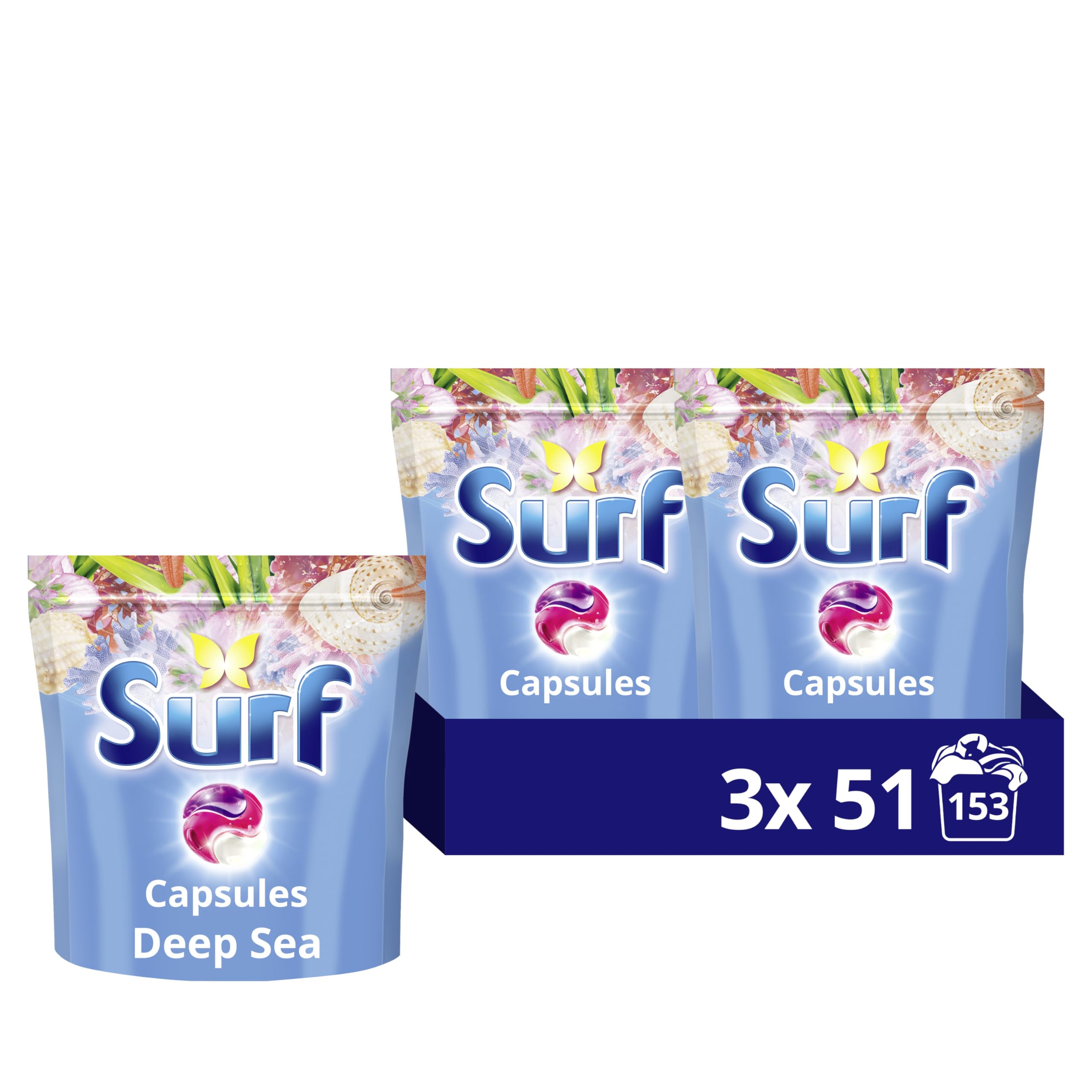 Surf 3 in 1 Deep Sea Laundry Washing Detergent Capsules joy-infused fragrance with natural essential oils lasting up to 12 hours in wear for brilliantly clean results 153 washes (3x 51)