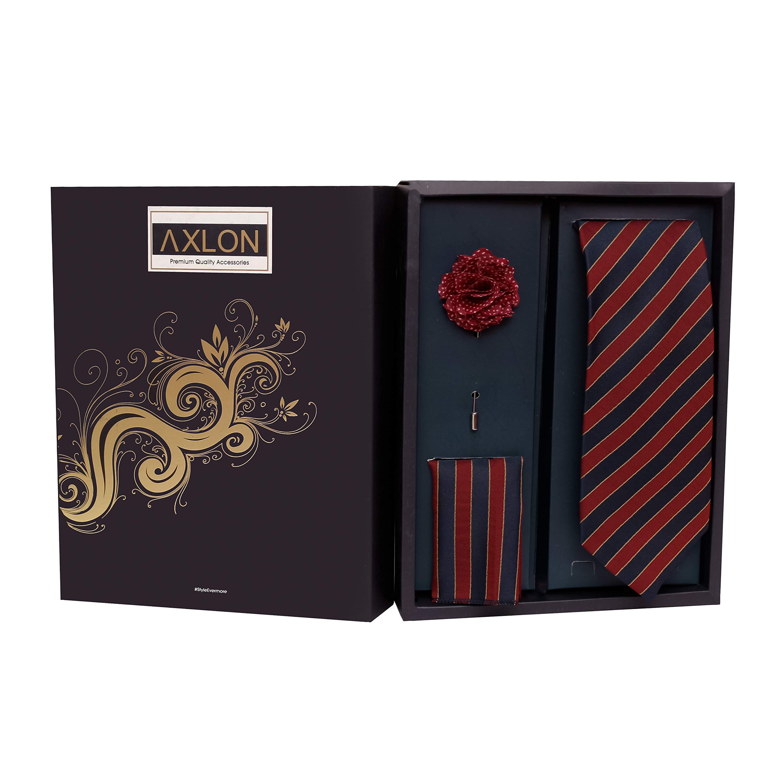 axlon Men's Polyester Necktie Pocket Square Set, Brooch Pin and Cufflinks (Free Size, Red)-picture-15