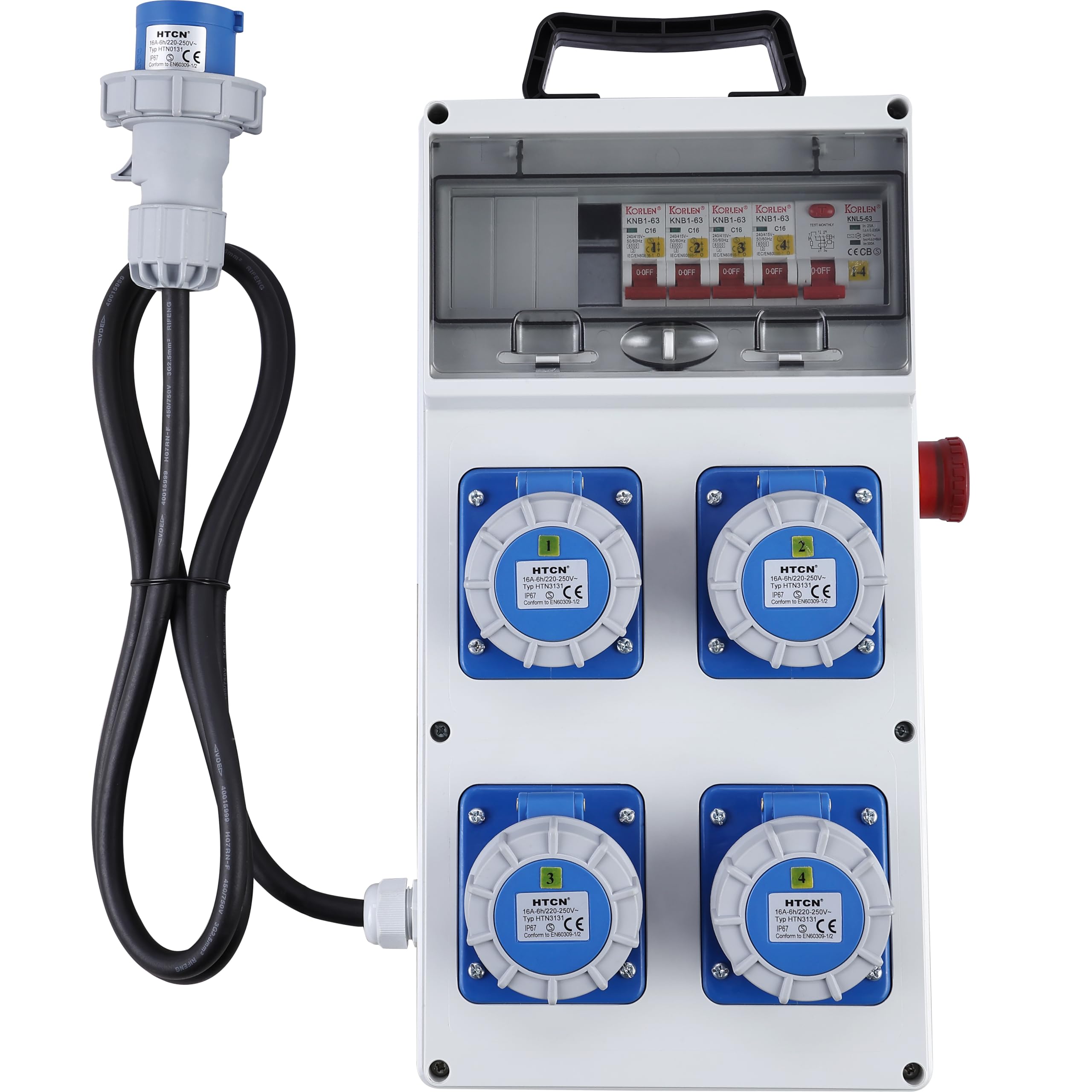 Electraline 60425 Quadro Elettrico di Distribuzione 4 Prese CEE 2P+T IP67, Spina CEE 2P+T, Cavo 1.7M H07RN-F 3G2.5, con interruttore differenziale RCD 30ma + 4 Interruttori magnetotermici MCB