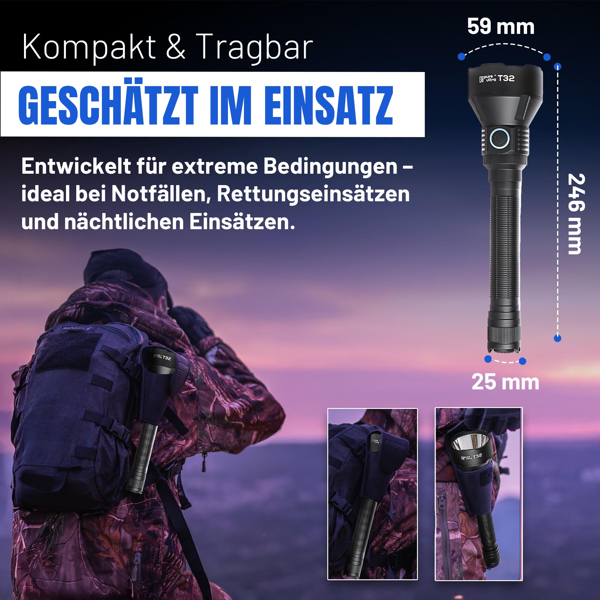 T32 LED Taschenlampe 3200 Lumen – Taktische Einsatzlampe mit 1150 m Reichweite, Stroboskop, USB-C, Holster, IP68, 18650 Akku aufladbar (Basic-Kit)
