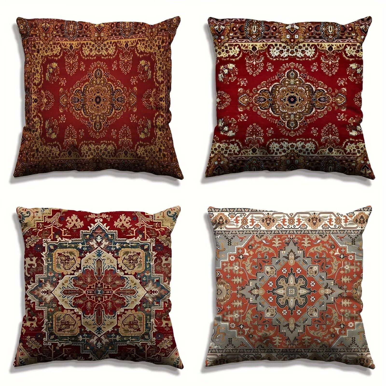 Heaen Outdoor Cushions Covers Waterproof 35x35 cm Set of 4 Square Linen Pillow Cases Red Ethnic Style Decorative Dushions for Sofa Porch Patio Home Decor