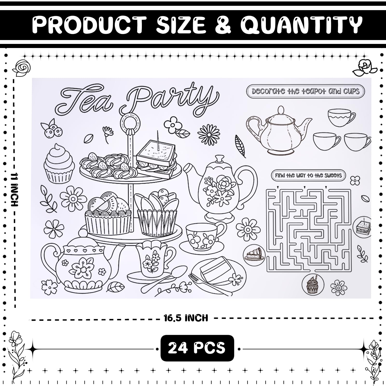 SYUCVQI 24 Pcs Tea Time Coloring Placemats Tea Party Disposable Paper Placemats DIY Drawing Place Mats with Teapot Pattern Party Table Decorations for Birthday Classroom Games Activities Supplies - Image 2