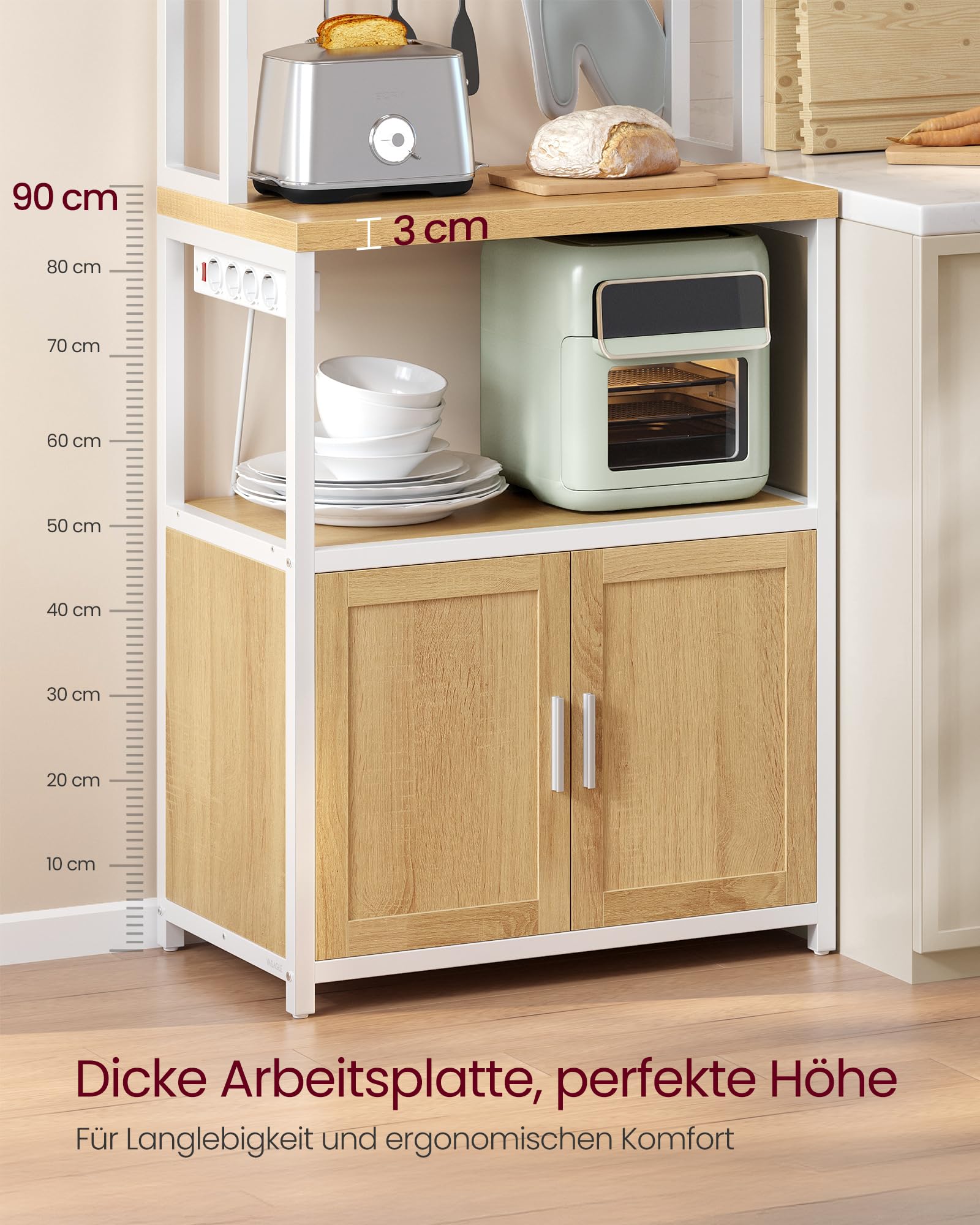 VASAGLE Küchenregal mit Steckdosen, Küchenschrank, 90 cm hoher Arbeitsplatte, Standregal mit 8 Haken, 40 x 60 x 170 cm, goldeichenfarben-wolkenweiß KKS058Y02