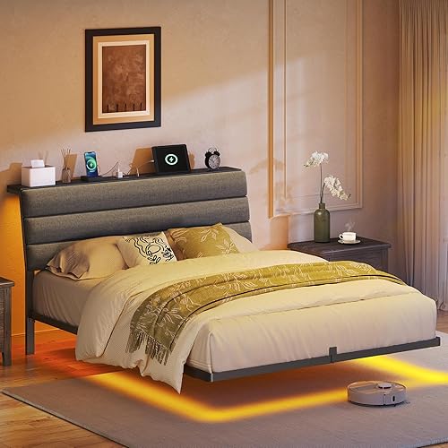 Floating Bed Frame Queen, Platform Bed with LED Lights & Charging Station, Ergonomic Storage Headboard, Heavy Duty Metal Slats, No Box Spring Needed, Easy Assembly, Dark Gray