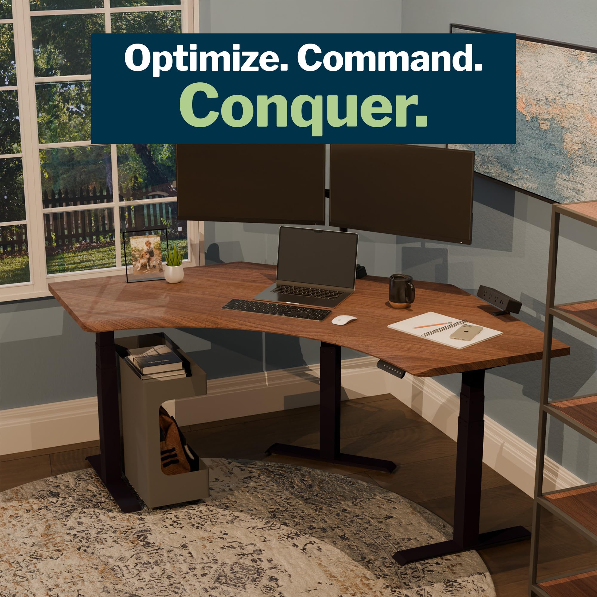 Vari Command Center Electric Standing Desk 120 Curved Sit-Stand Gaming Desk Corner Workstation for Triple Monitors Sloped Front — view 3