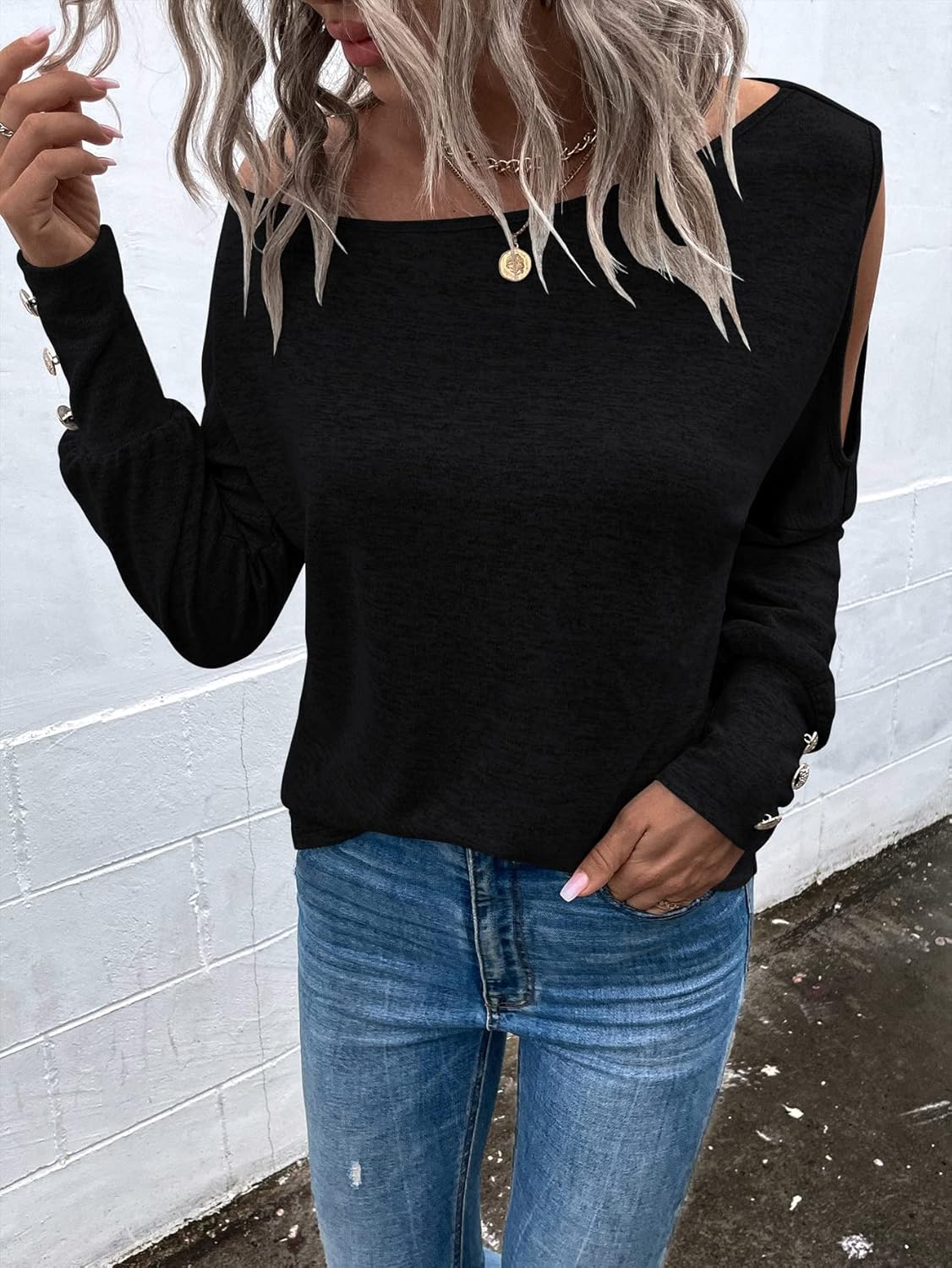 SweatyRocks Women's Cut Out Lantern Long Sleeve Tee Top Off Shoulder Plain Casual Holiday Spring Autumn Shirts - Image 5