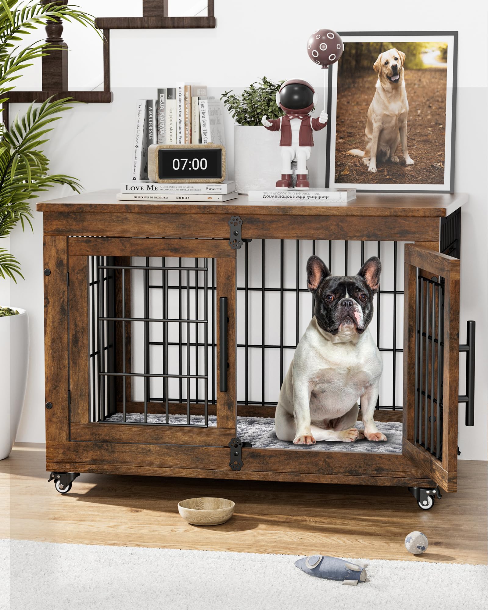 GIKPAL Hundebox für Zuhause mit Kissen, 83cm Hundekäfig Möbel für Drinnen mit Doppeltüren und Rädern, Moderne-Hundebox Holz für Klein, Mittlere Hunde bis zu 45 lb, 83x56x64cm, Rustikales Braun