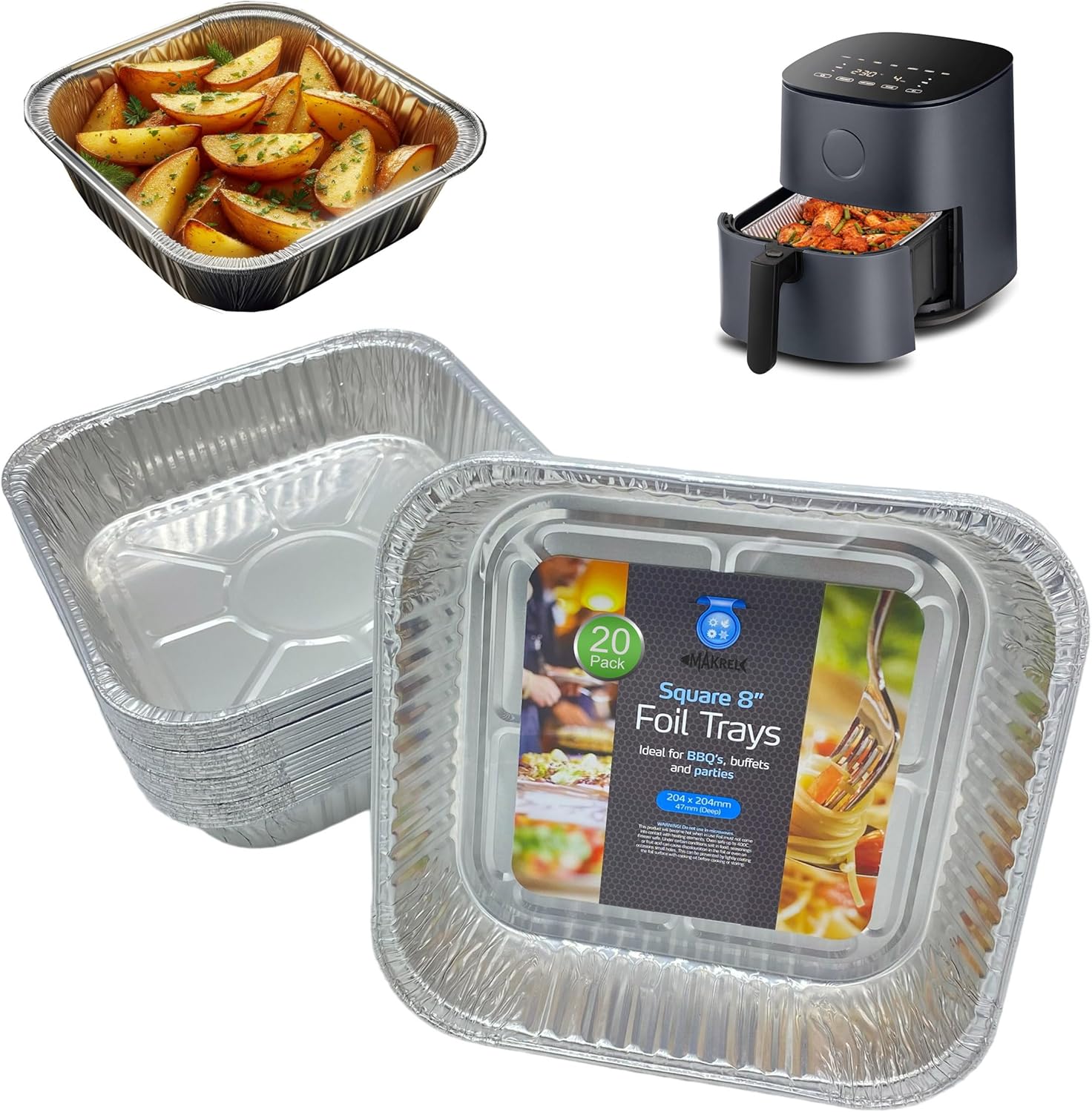 MAKREL 20cm Square Disposable Aluminium Trays Air Fryer Liners 8 inch