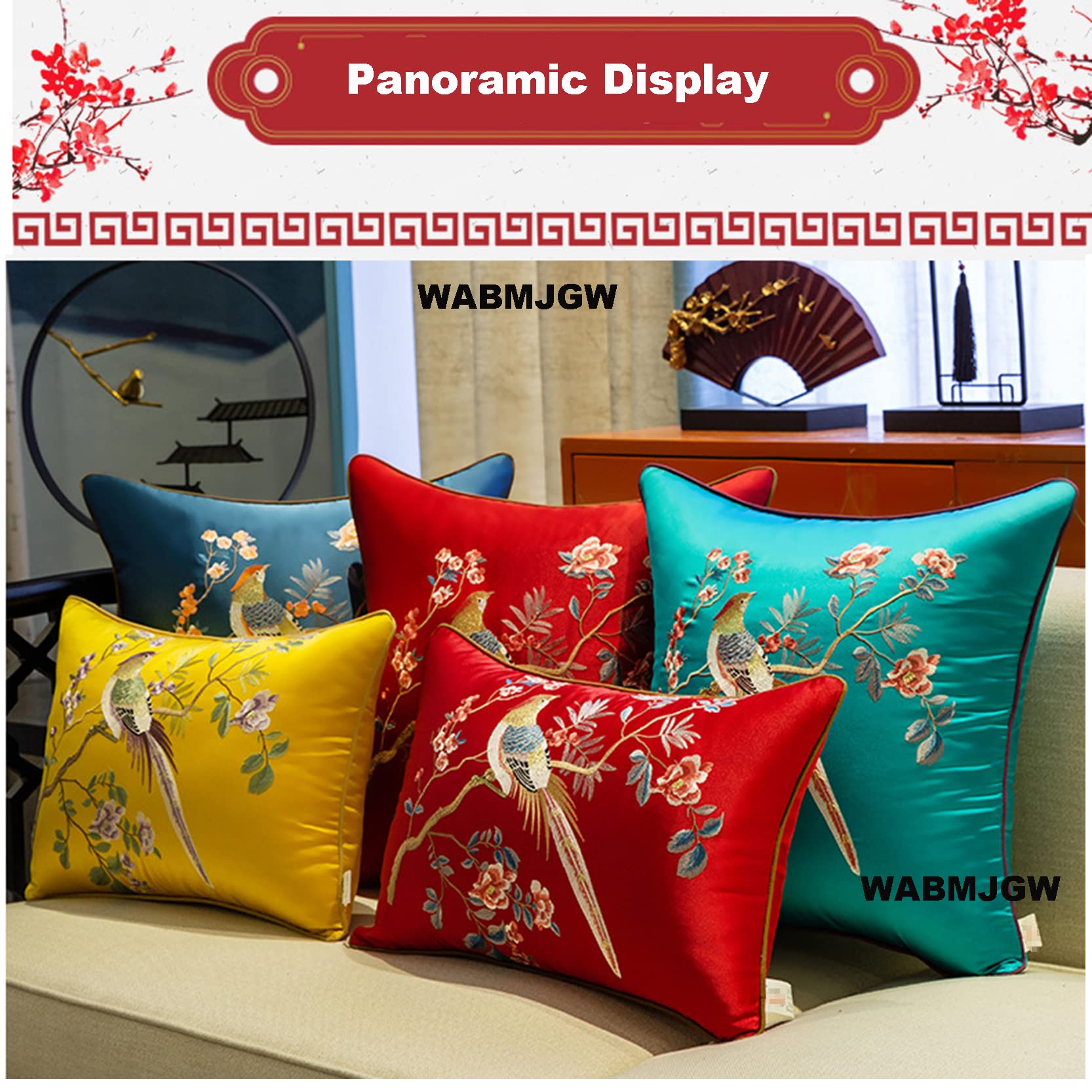 Juego de 2 fundas de almohada bordadas para pájaros, fundas de almohada decorativas de satén suave, estilo clásico, chino moderno, floral, para sofá, dormitorio, azul oscuro, 60 x 60 cm