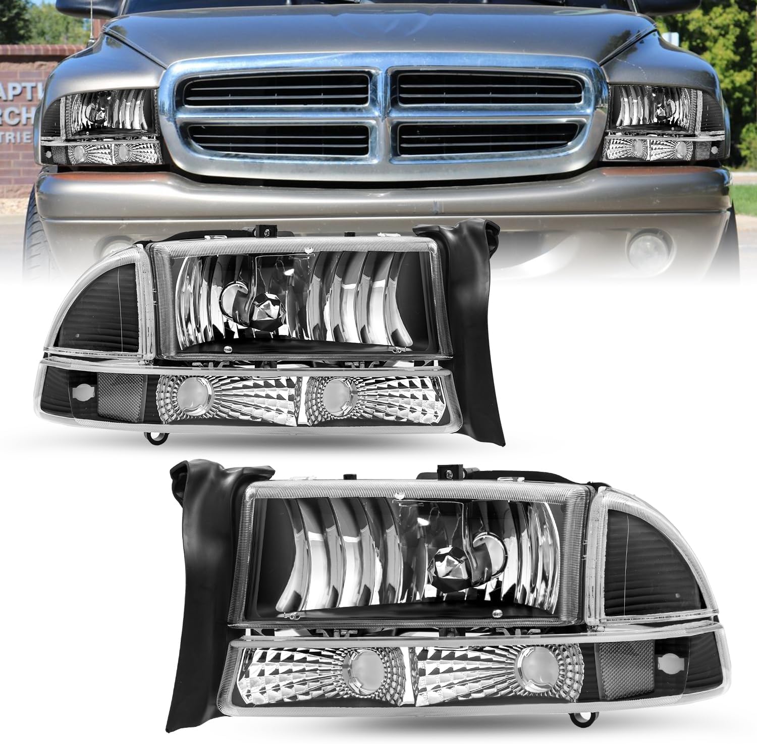 SOCKIR Halogen Headlight Assembly Compatible with 1997-2004 Dodge Dakota / 1998-2003 Dodge Durango Driver and Passenger Sides Chrome Housing & Clear Reflector
