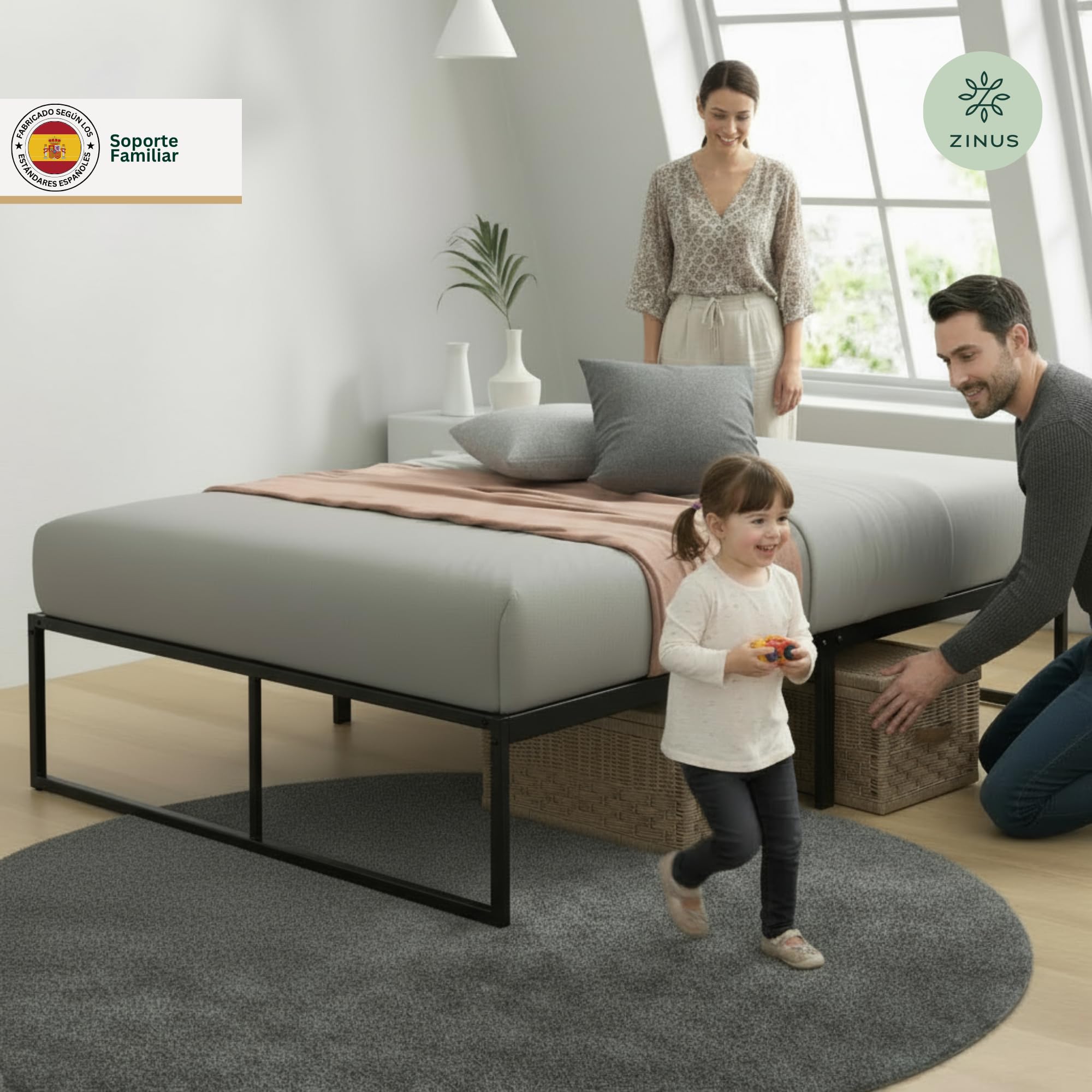 Zinus Lorelai Somier 135x190 cm - Altura 36 cm - Base Cama Matrimonio en Acero - Láminas de Metal - Montaje Fácil- Espacio de Almacenamiento - Negro