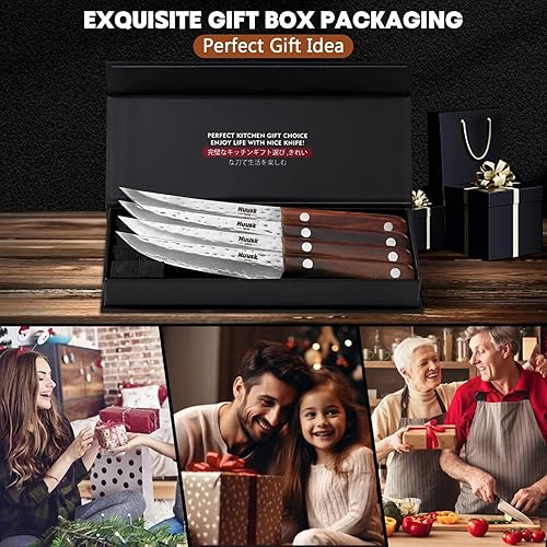 Vista 6 de Huusk Juego de 4 cuchillos para carne, cuchillos de cocina japoneses de acero de 4.9 pulgadas con mango de madera, cuchillo de carne sin dentar