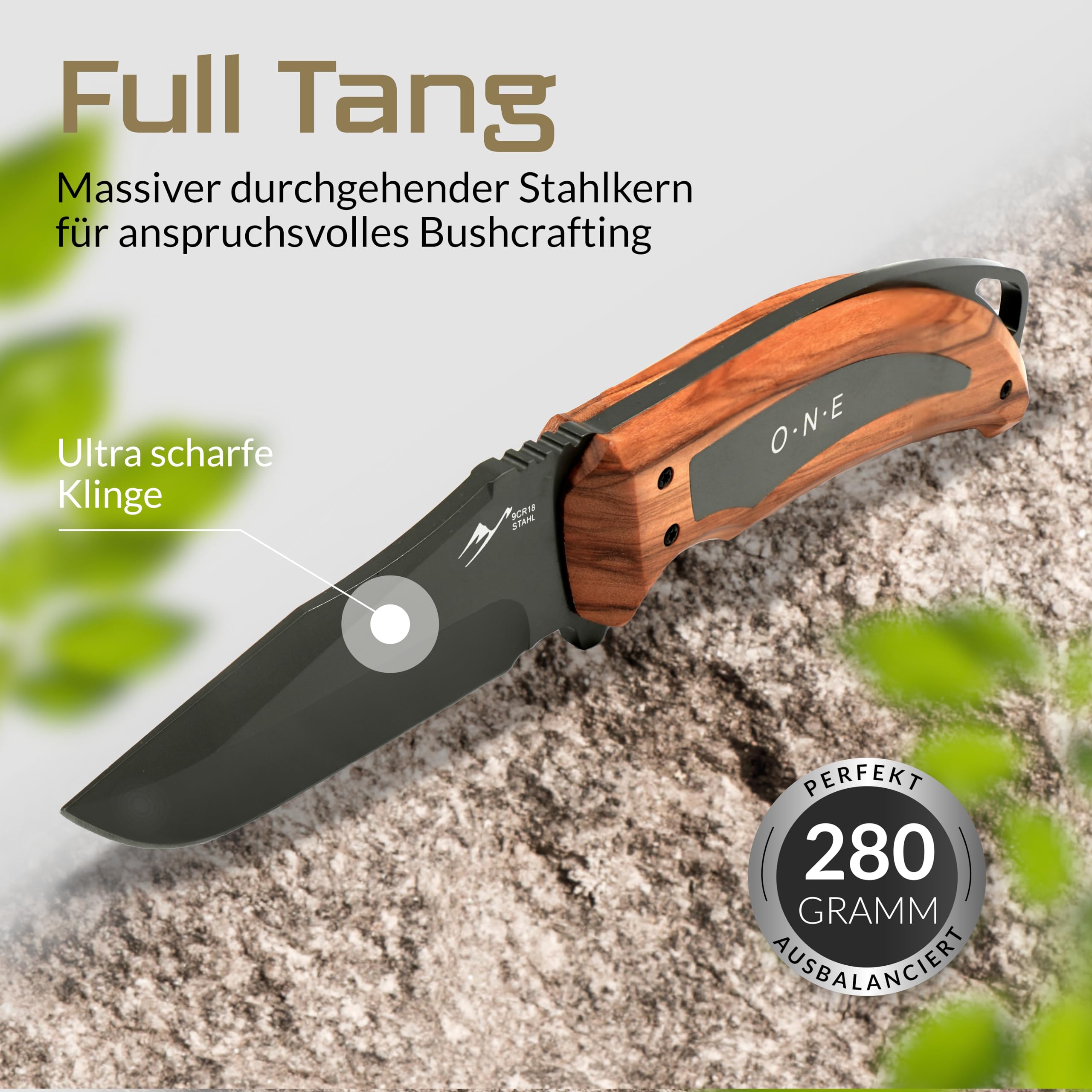 BERGKVIST® Bushcraft nóż ONE ze stałym ostrzem Full Tang (9,7 cm) – dopuszczony do przewożenia w Niemczech – nóż survivalowy do użytku na zewnątrz z uchwytem z prawdziwego drewna, kaburą, krzesiwem i