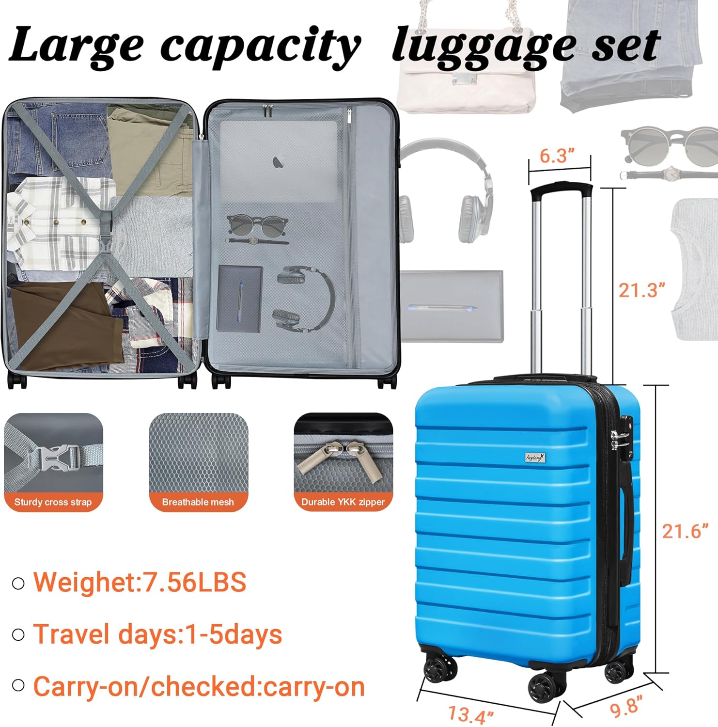 KEYTANG Zebra 20" Expandable Carry-On, Lightweight Hardshell Suitcase with Spinner Wheels,Blue