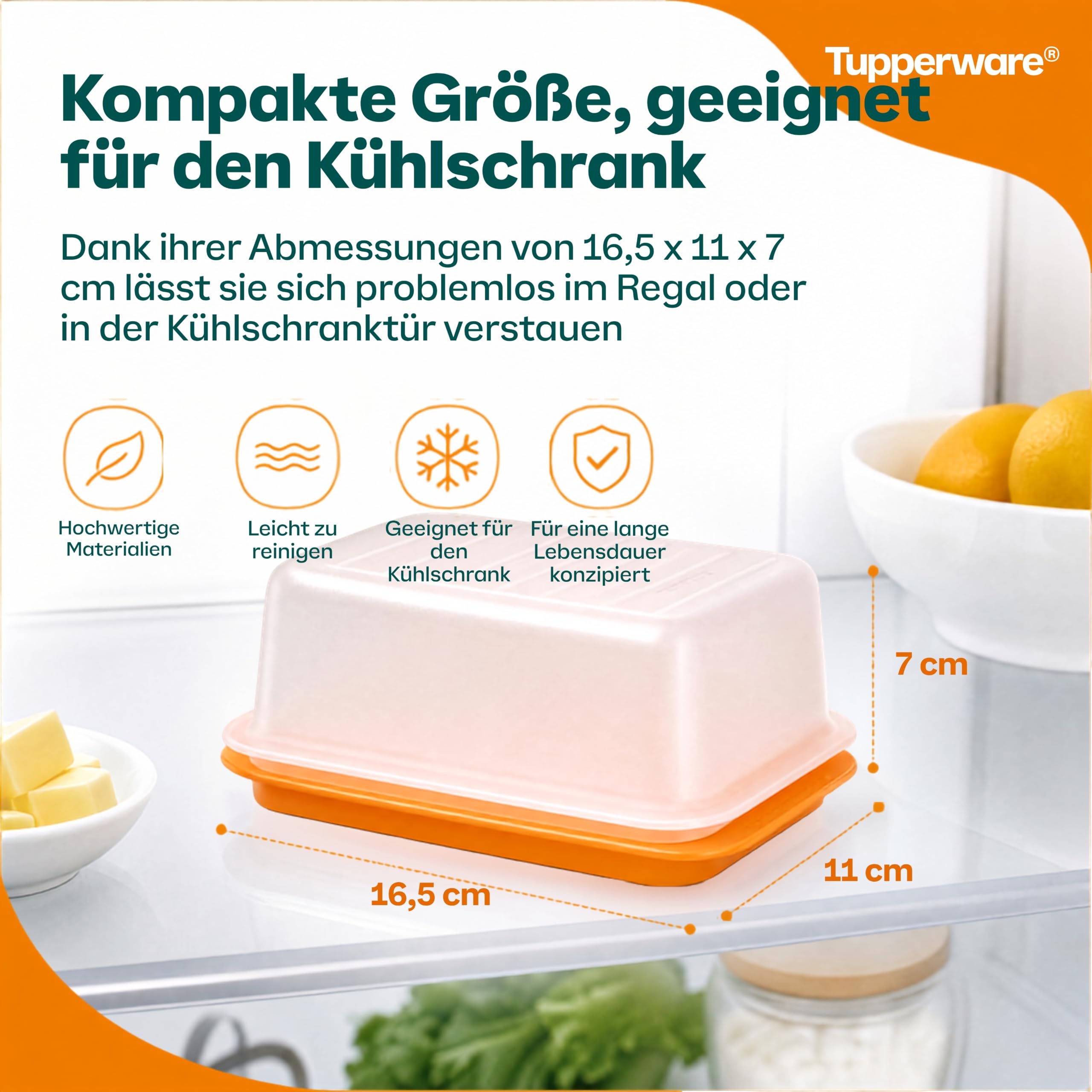 Tupperware Butterdose in Orange/Weiß - Butterbox mit Deckel für 250 g Butter - Kunststoff, beidseitig nutzbare Platte, spülmaschinengeeignet - 16,5 x 11 x 7 cm