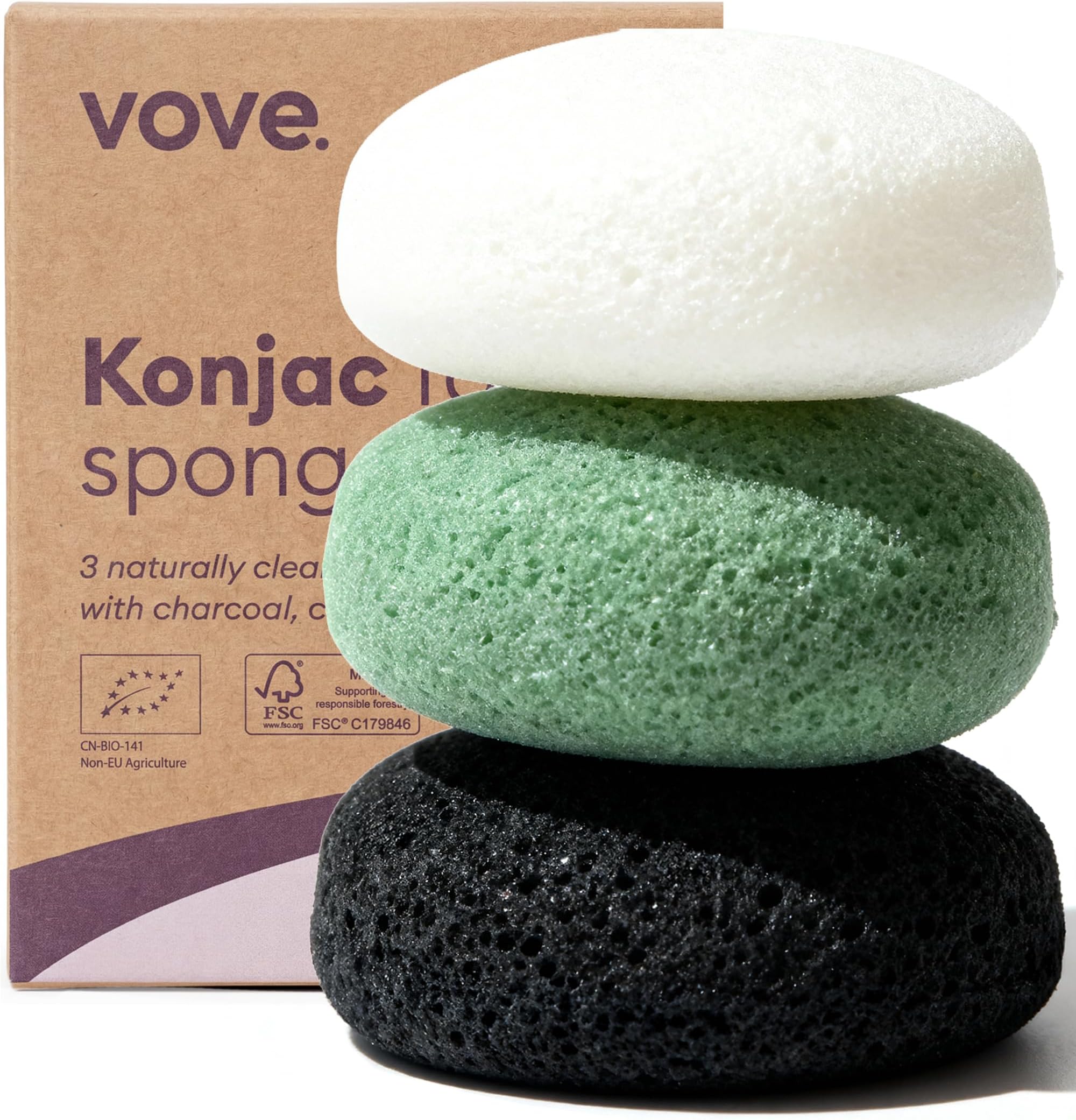 Vove Organic Konjac Facial Sponges 3-Pack - Natural Face Exfoliating Sponges with Bamboo Charcoal & Green Clay, Gentle Cleansing for All Skin Types, Natural Vegan Skincare, Certified Organic