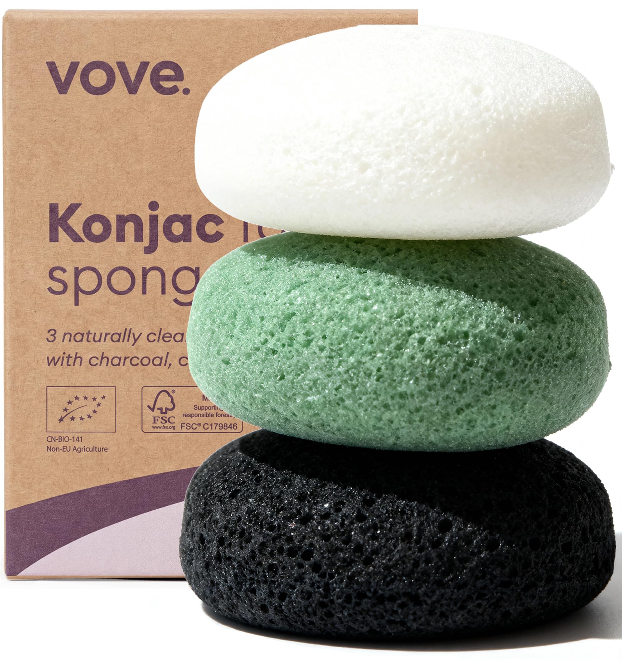 Vove Organic Konjac Facial Sponges 3-Pack - Natural Face Exfoliating Sponges with Bamboo Charcoal & Green Clay, Gentle Cleansing for All Skin Types, Natural Vegan Skincare, Certified Organic