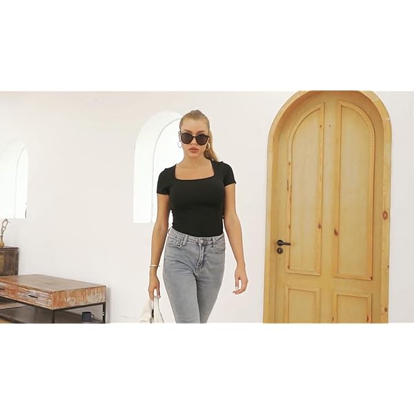 MANGOPOP-Womens-Square-Neck-Short-Sleeve-Long-Sleeve-Tops-Bodysuit-Jumpsuit MANGOPOP Bodysuits for Women Long Sleeve Square Neck Tops