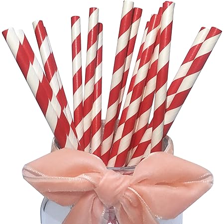 Red and White Paper Straws, Biodegradable Red Striped Drinking Straws Paper Craft Pop Cake Stick, 100 Pack - Plastic & BPA Free
