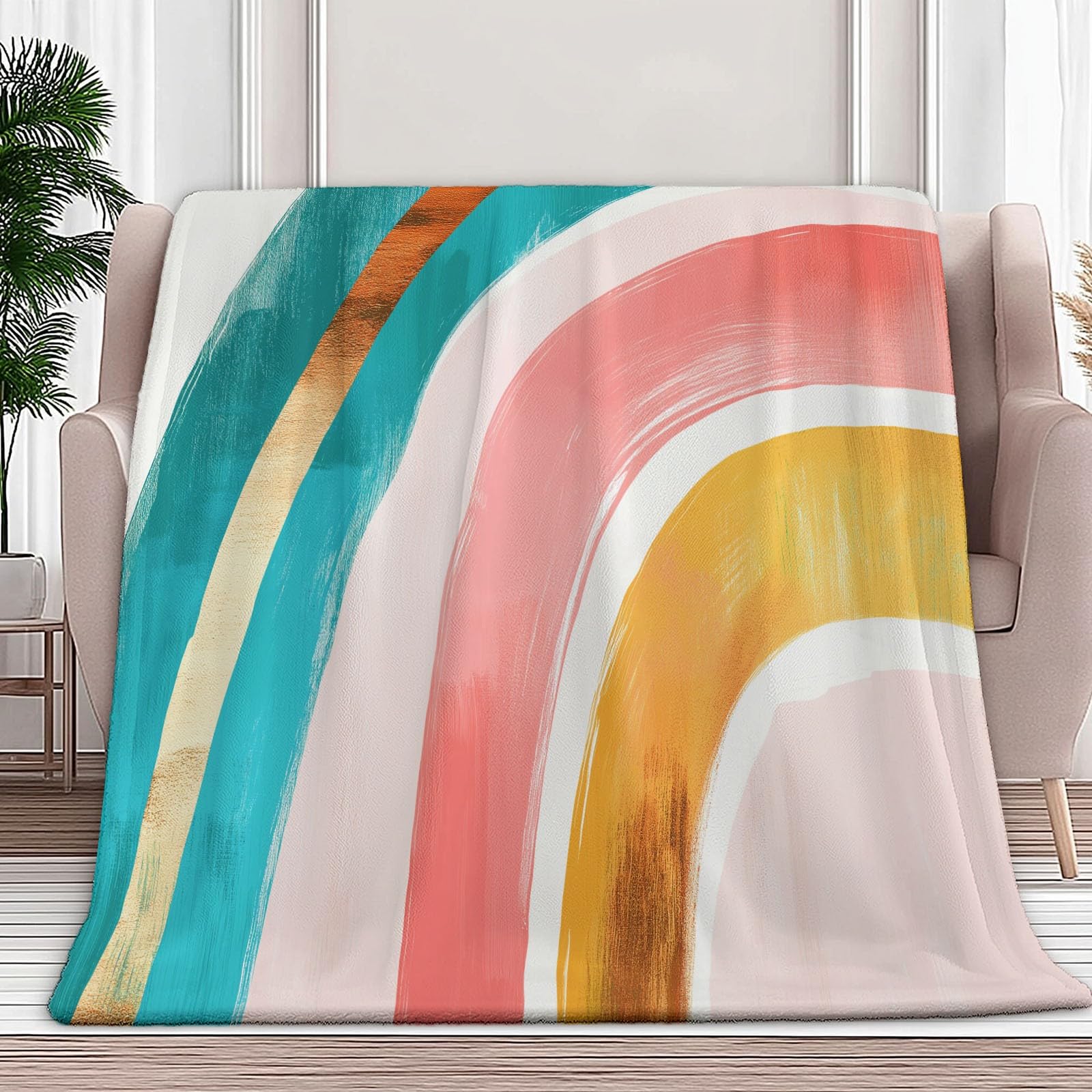 Manta de franela con líneas de arco iris bohemio 220 x 240 cm, manta de forro polar de microfibra polar para todas las estaciones para viajes, sofá para viajes, cama de sofá, niños adultos, color