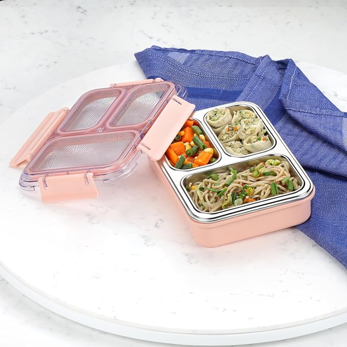 CELLO Tri Lunch Insulated Lunch Box | Inner Stainless Steel Compartment | Silicon Seal in The Lid with with 4 Sided Click Locks | Ideal for College,Office, Outdoor Activities | Peach | Set of 1