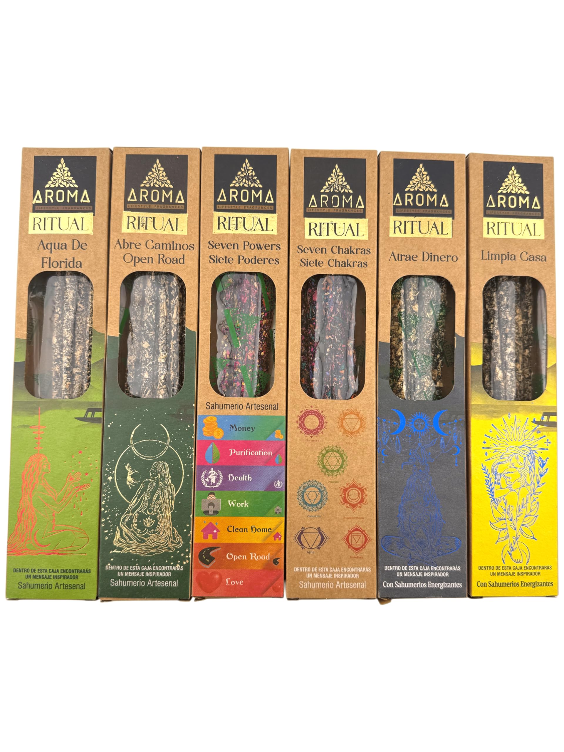 HOSTENATURA Ritual Aroma | Incense Kit for Spiritual Rituals | 6 Natural Organic Incenses: Florida Water, Blows Paths, Seven Chakras, Seven Powers, Attracts Money and Clean House