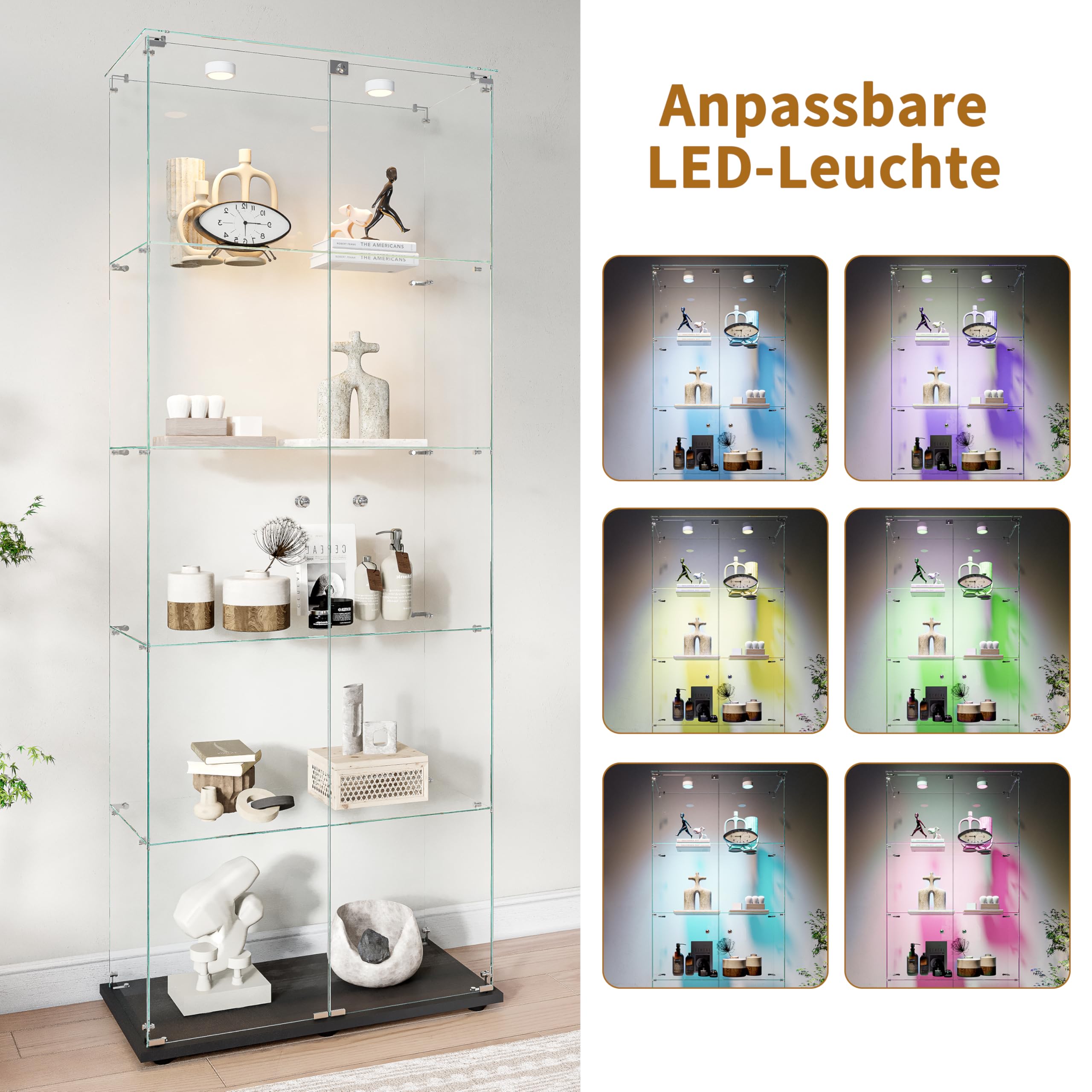 BRILVERDE Vitrina de cristal LED, mueble expositor de 5 estantes y puerta con cerradura, vitrina para colecciones, libros, modelos, botellas, salón y oficina (negro, 186 x 78 x 34 cm)