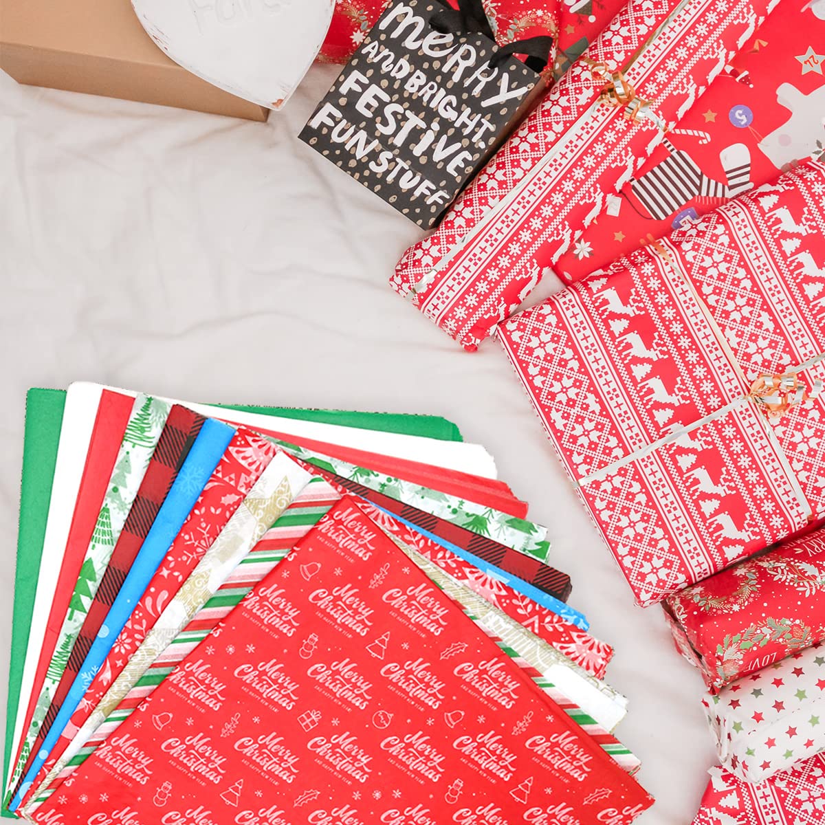 Weihnachts-Seidenpapier, 50,8 x 50,8 cm, Weihnachtsgeschenkpapier, Geschenkverpackungszubehör, perfekt für Weihnachtsgeschenkboxen, Weihnachtsgeschenktüten und Weinflaschen (10 Designs)