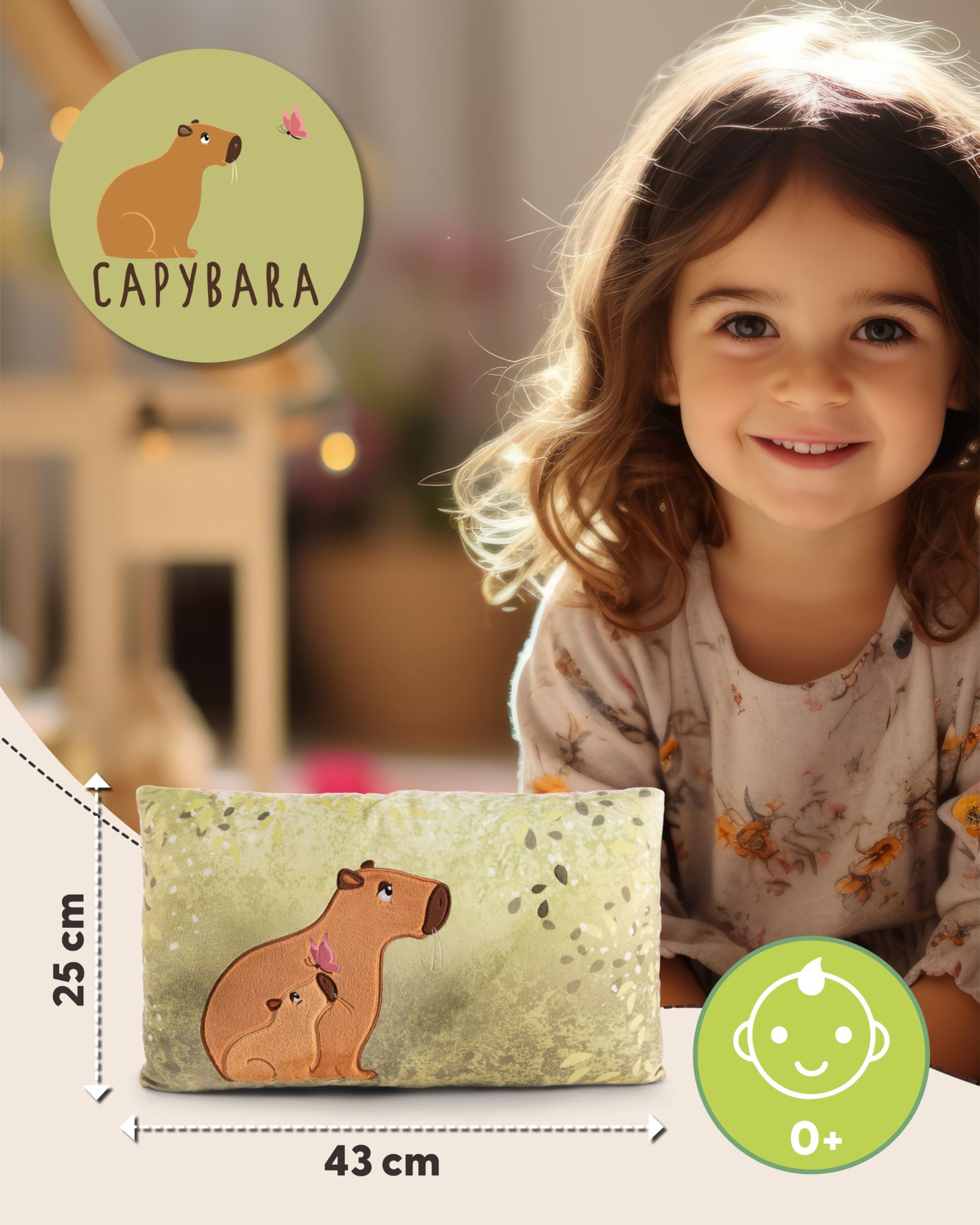 NICI Cuscino di peluche Capybara Capy-Barbara 43 x 25 cm - Morbido cuscino di peluche Capybara per bambine, bambini e neonati, cuscino rettangolare di peluche - 61226