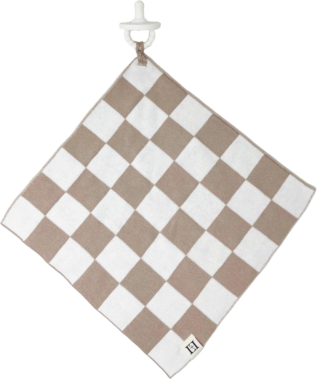 L+L USA Checkered Baby Lovey 100% Organic Cotton Knit Pacifier/Teether Holder 11"x11" - DreamSoft Cuddly Soothie Mini Comfort Blanket - Newborn Gift Essential Babies Boys Girls (Tan/White Checkered)