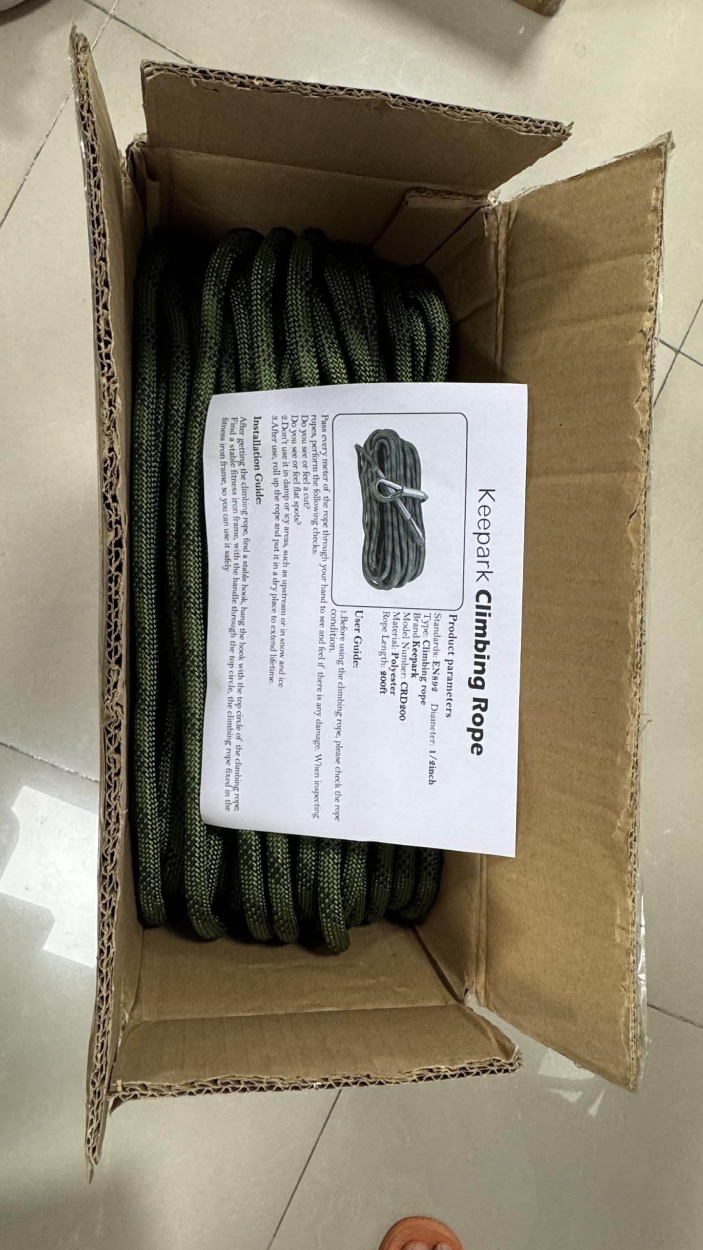 Cuerda de escalada estática de 1/2 pulgada verde militar de 200 pies