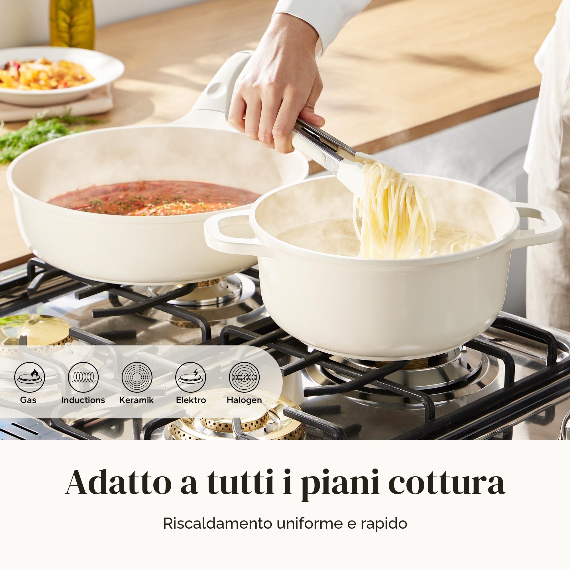 Redchef Set di 11 pentole in ceramica con coperchio in vetro - Senza PTFE - Senza PFAS - Adatto a tutti i tipi di piano cottura - Lavabile in lavastoviglie (beige)