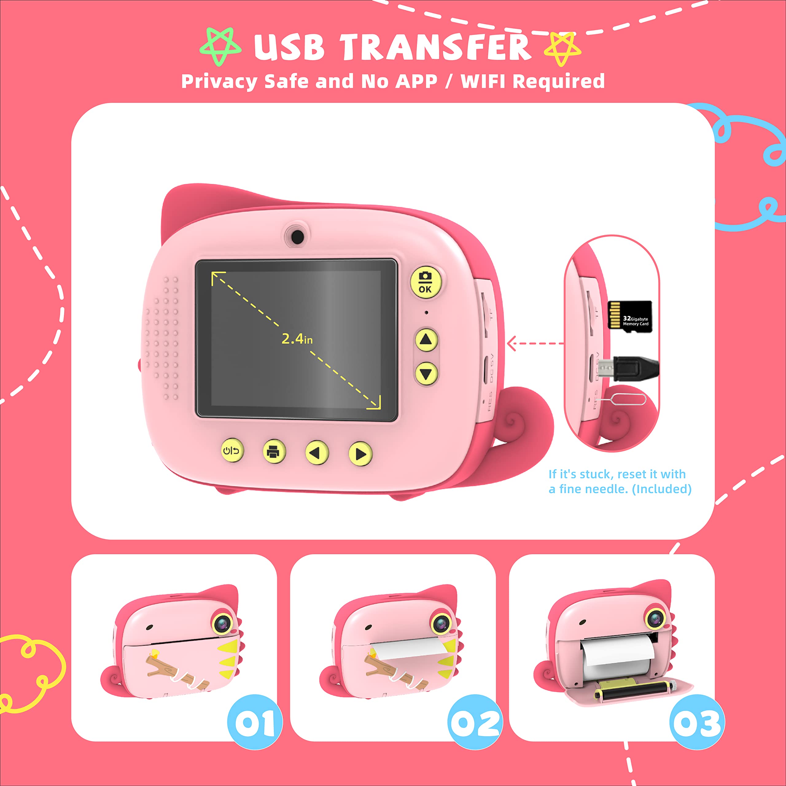 TIATUA kinderkamera sofortbildkamera, Digitalkamera Videokamera mit 20MP Dual-Linse & 32GB Karte, ohne Tinte Sofortkamera für Mädchen Jungen 3-12 Jahren, Fotopapier & lustigem Zubehör inklusive