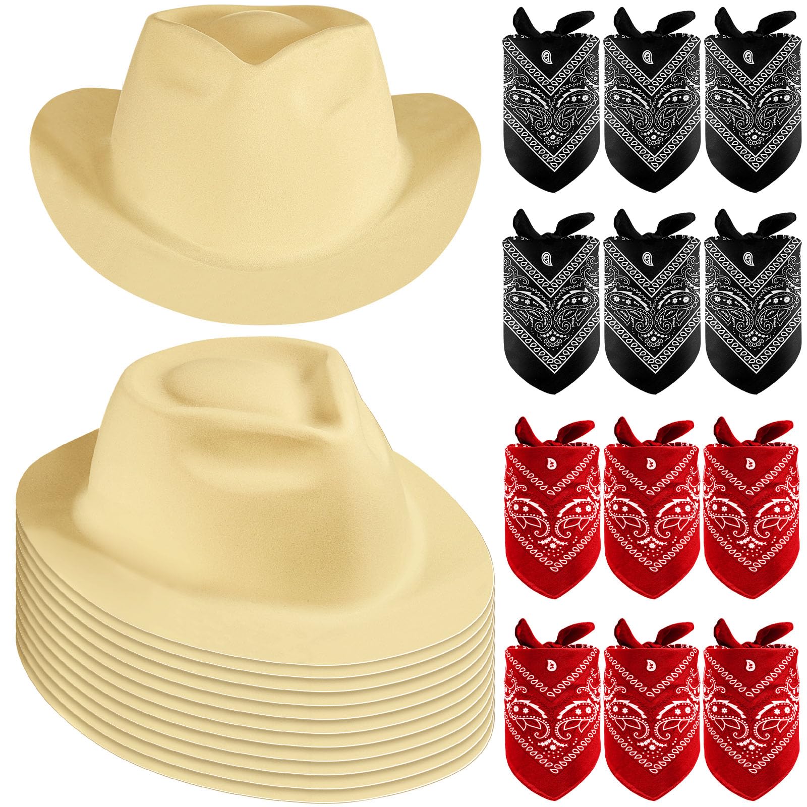 Haysandy 24 Pcs Western Cowboy Party Hats with Bandanas,Beige, Red, Black