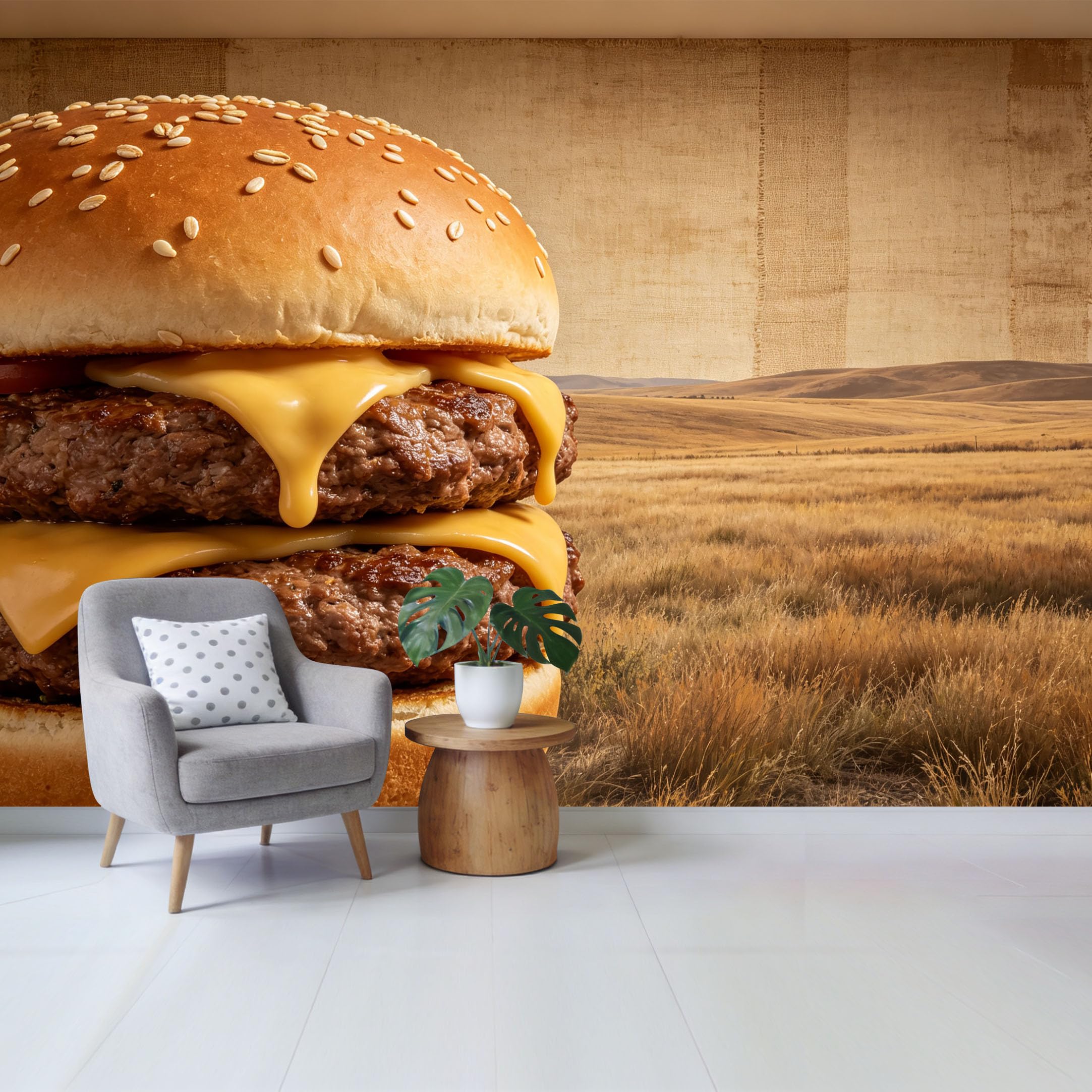 Qzlithotic Yq2605250879 Custom Size Wall Mural Gourmet Double Cheeseburger Prairie Landscape Textured Selfadhesive Wall Fabric Removable Wallpaper For Home Office Decor