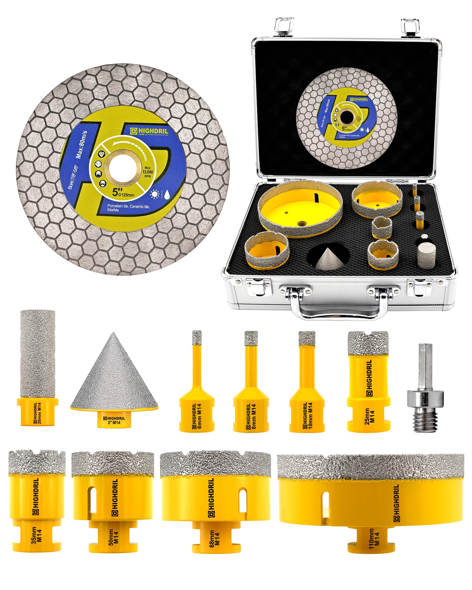 HIGHDRIL Coronas para Porcelanico 12 piezas-Brocas Diamante 6/8/10/25/35/50/68/110mm,Broca Chaflan 50mm,Fresa 20mm,125mm Disco Diamante,Adaptador para Cerámica,Porcelánico,Granito, Mármol