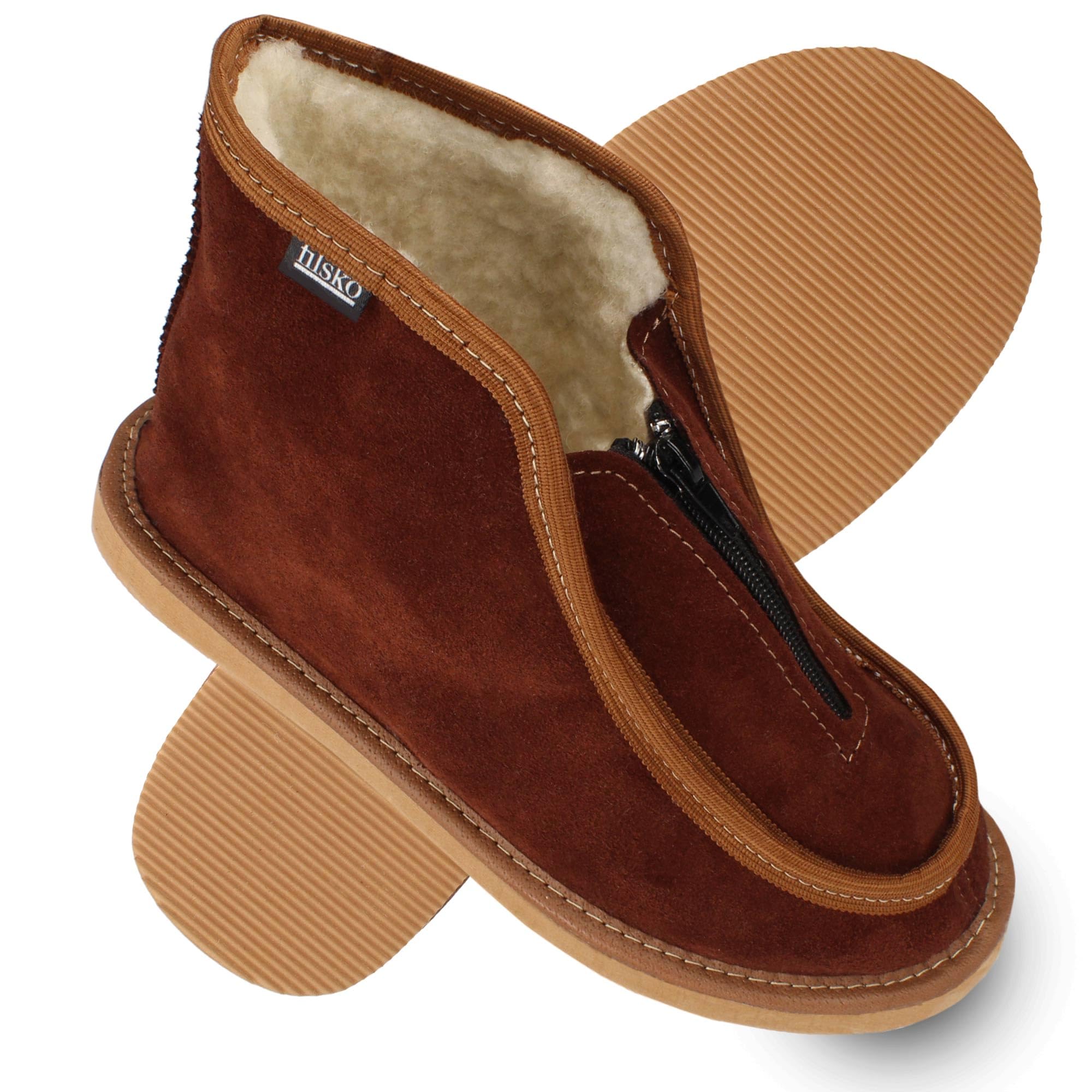 Damen & Herren Hüttenschuhe Hausschuhe | Unisex | in braun Skier | Winterhausschuhe mit Schafwolle gefüttert | mit Reißverschluss | reicht über den Knöchel | EU-Schuhgröße 36 bis 50