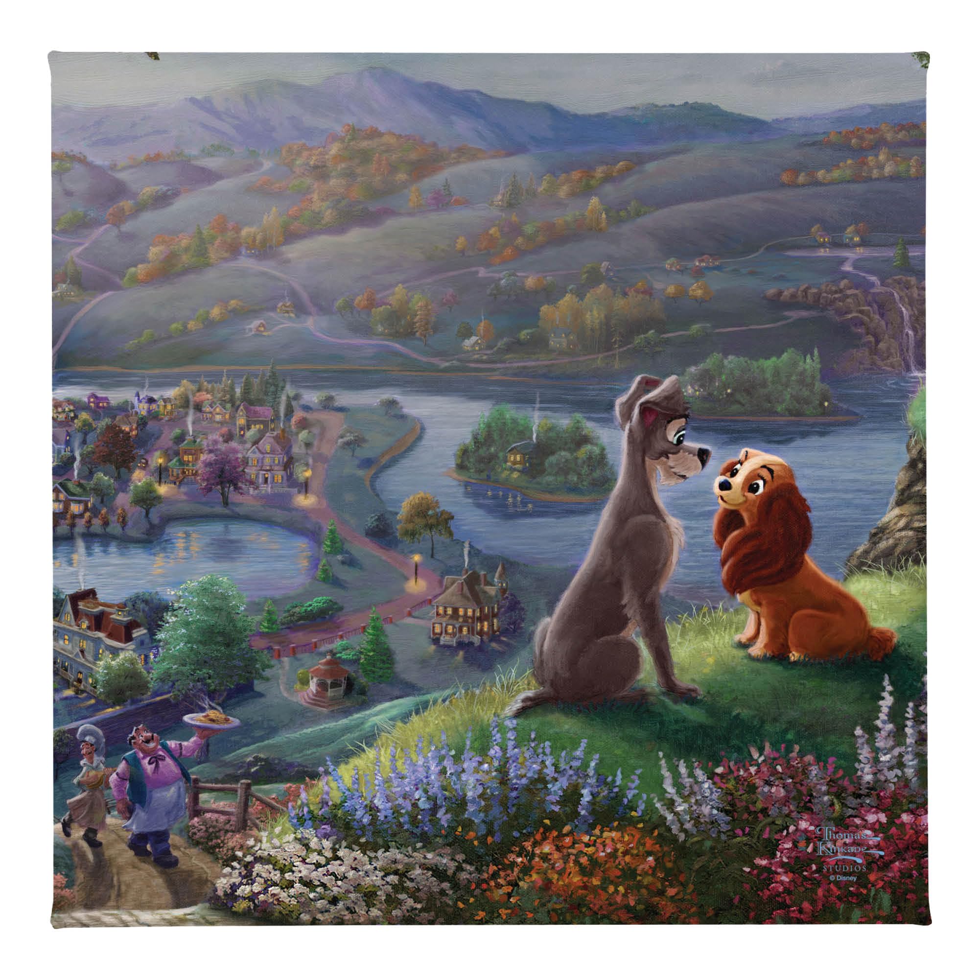 Thomas Kinkade Disney Lady and the Tramp Falling In Love 14" x 14" Gallery Wrapped Canvas | Frameless Room Wall Art | Certificate of Authenticity Included