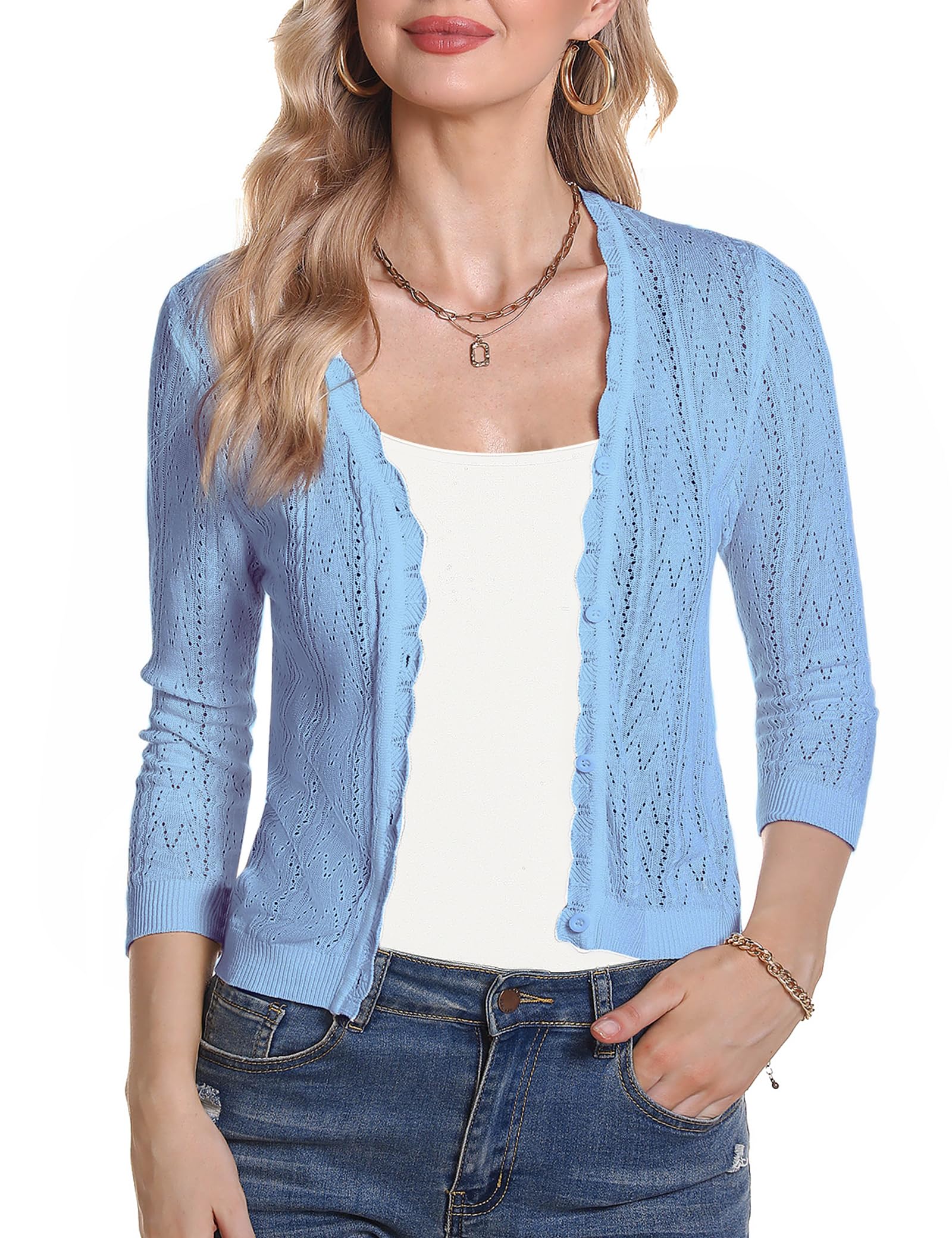 Gyabnw Damen Strickjacke 3/4 Ärmel Bolerojacke Casual Einfarbig Cardigan Freizeit Sommerjacke Outerwear