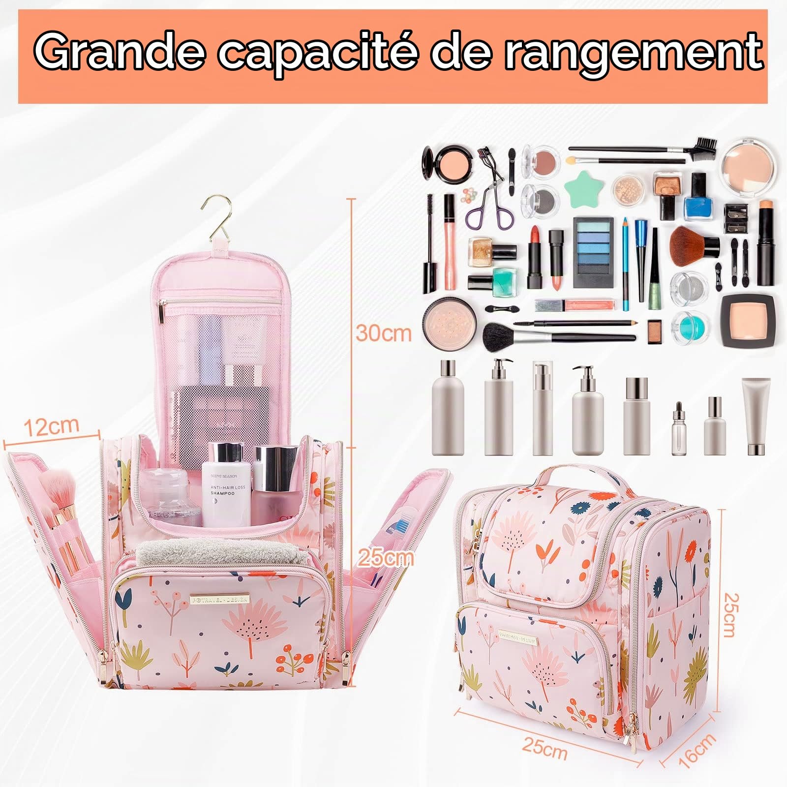 Trousse de Toilette Voyage pour Femme, Lychii Cosmétique Sac avec Crochet, Imperméable Pliable Trousse Maquillage Organisateur - Floarl