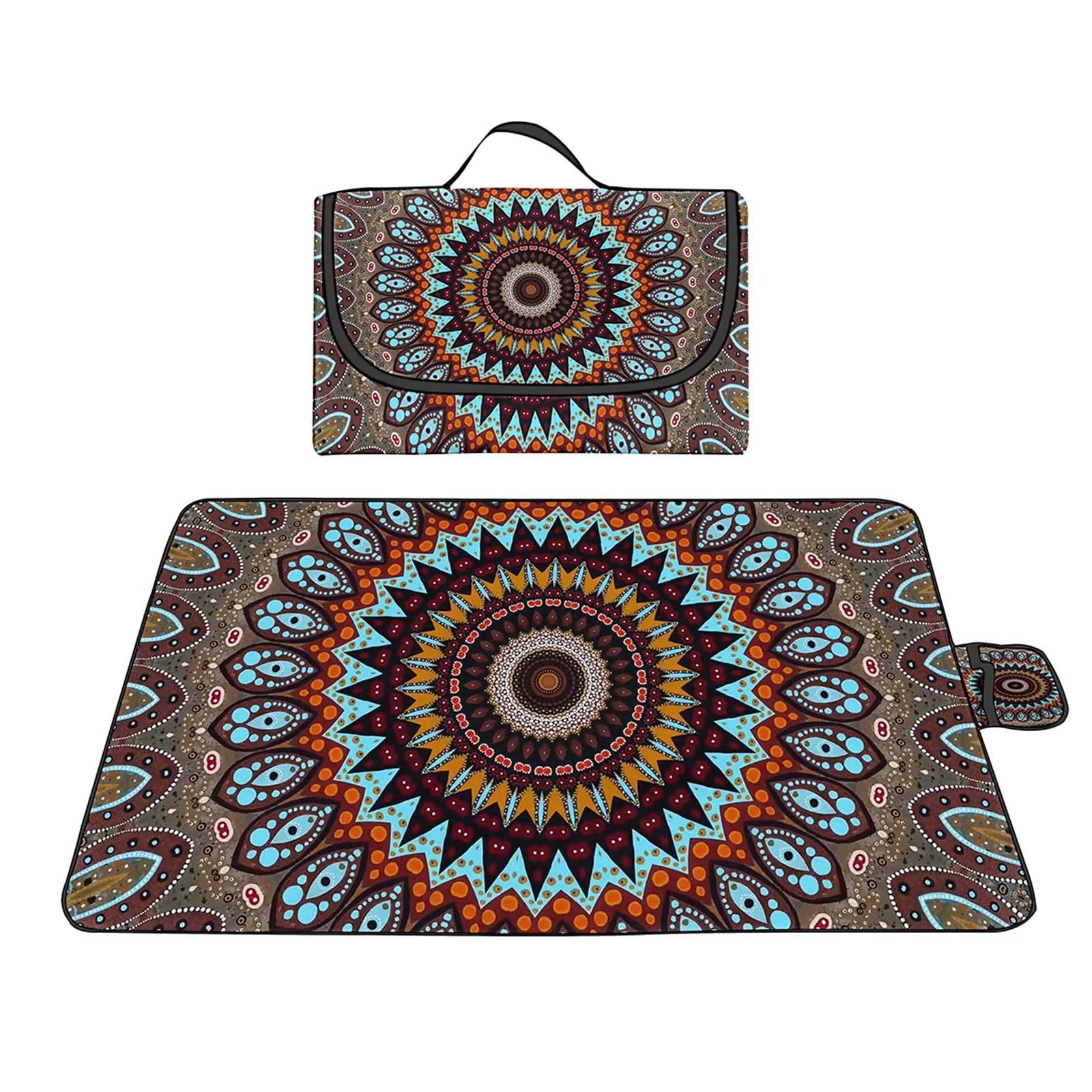 Manta de Picnic al Aire Libre, 150x200cm Alfombras de Playa, Mantas para pícnic Impermeable Prueba Arena Manta de Playa Plegable Portátil para Aire Libre Jardín Acampar Mantas Pícnic Mandala MarróN
